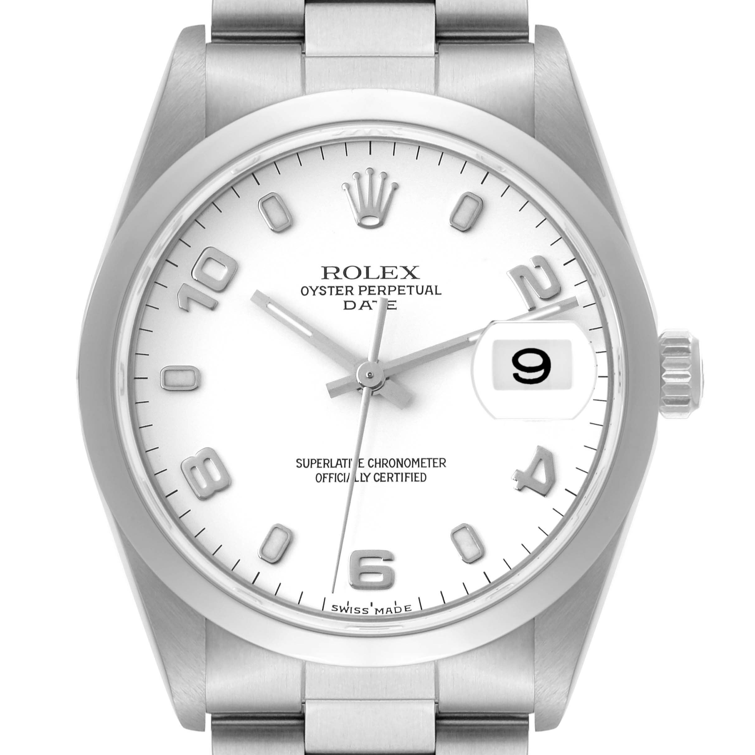 This is a front view of a Rolex Date 15200 Men's Stainless Steel White Dial 15200 Men's Stainless Steel White Dial model watch, showing the dial, date window, and part of the bracelet.