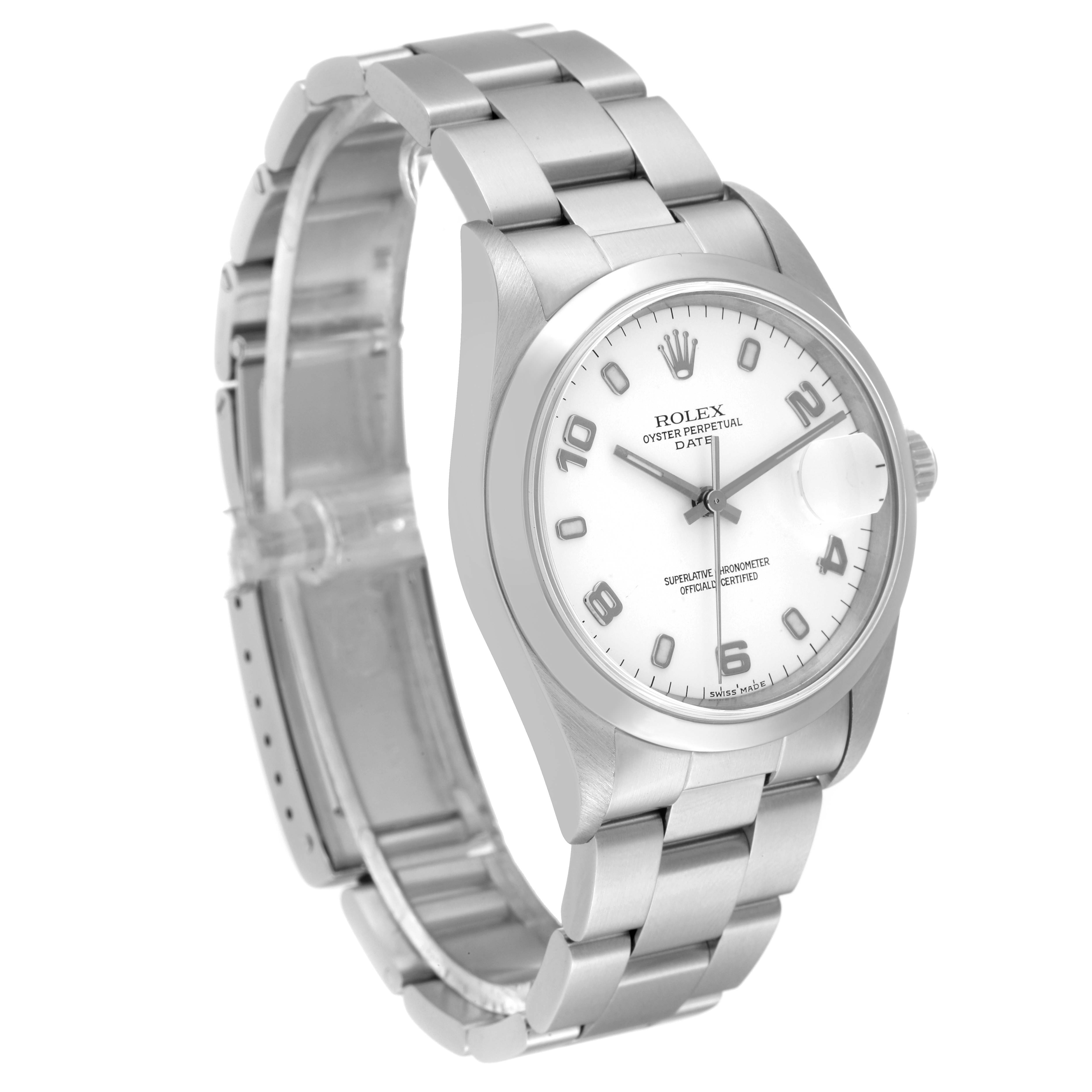 This image shows a Rolex Date 15200 Men's Stainless Steel White Dial 15200 Men's Stainless Steel White Dial model watch angled to display the face, case, and part of the bracelet.
