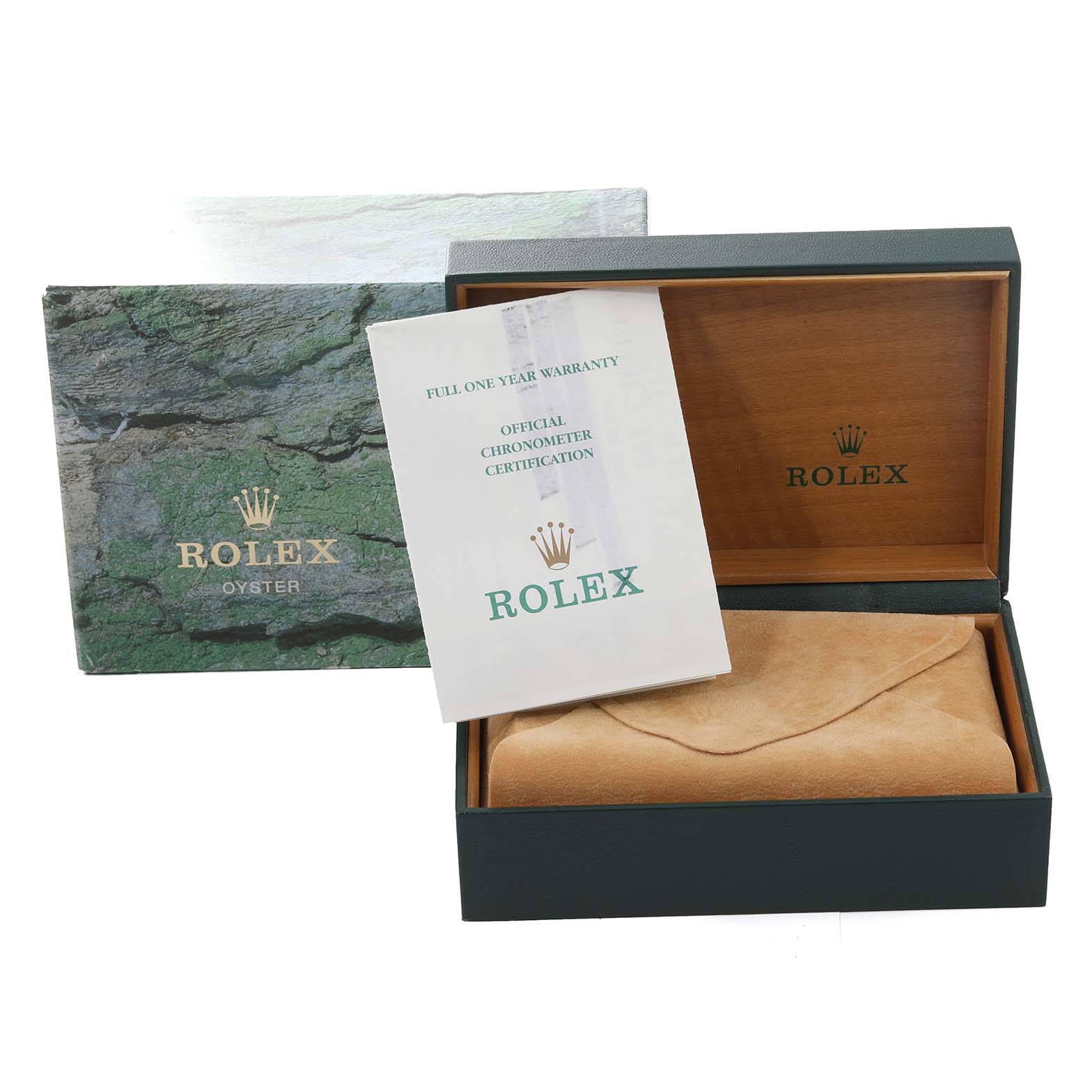 The image shows the opened packaging and warranty booklet for a Rolex Date 15200 Men's Stainless Steel White Dial 15200 Men's Stainless Steel White Dial model, including the inner box and protective case.