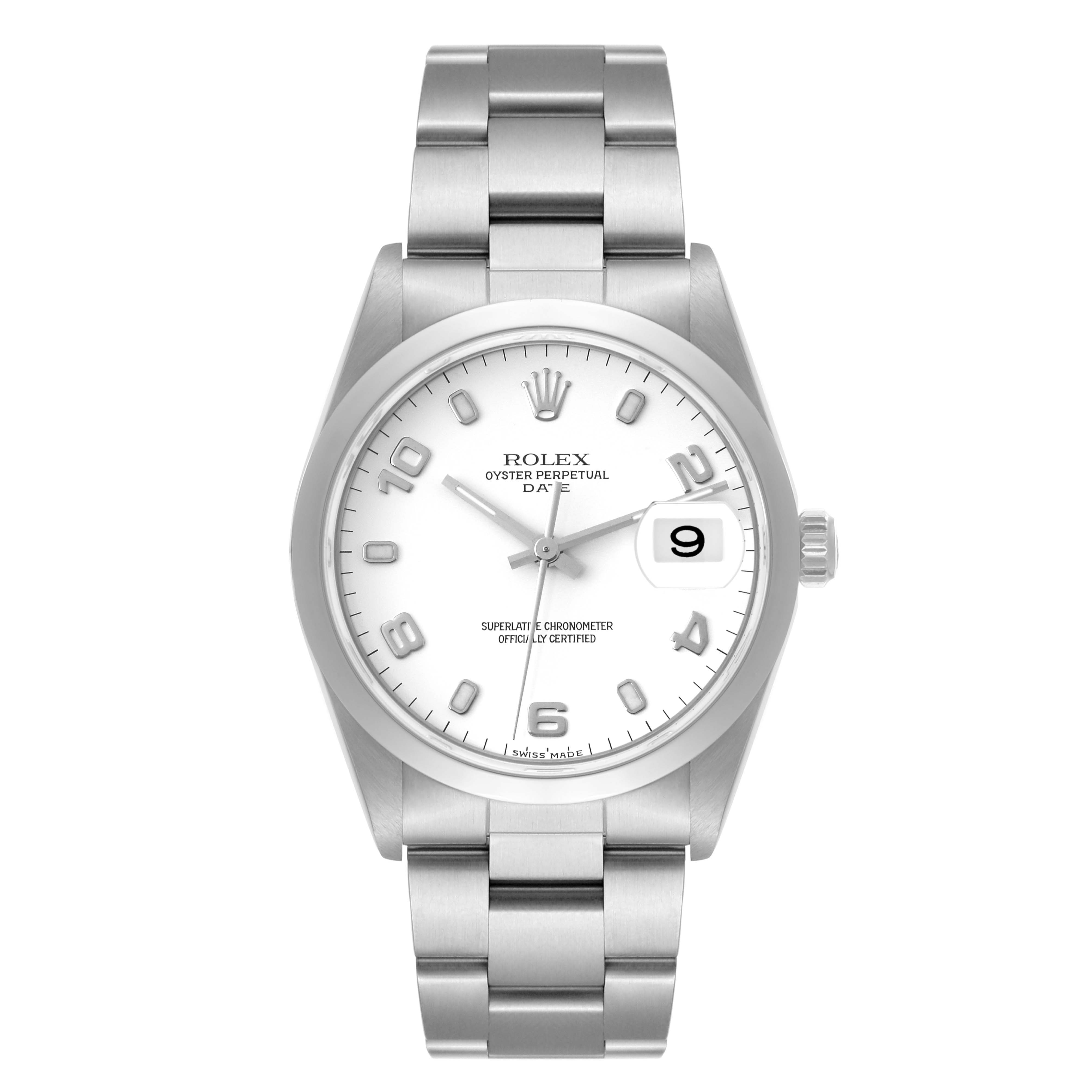 This image shows a front view of the Rolex Date 15200 Men's Stainless Steel White Dial 15200 Men's Stainless Steel White Dial model watch, featuring its face, bracelet, and crown.