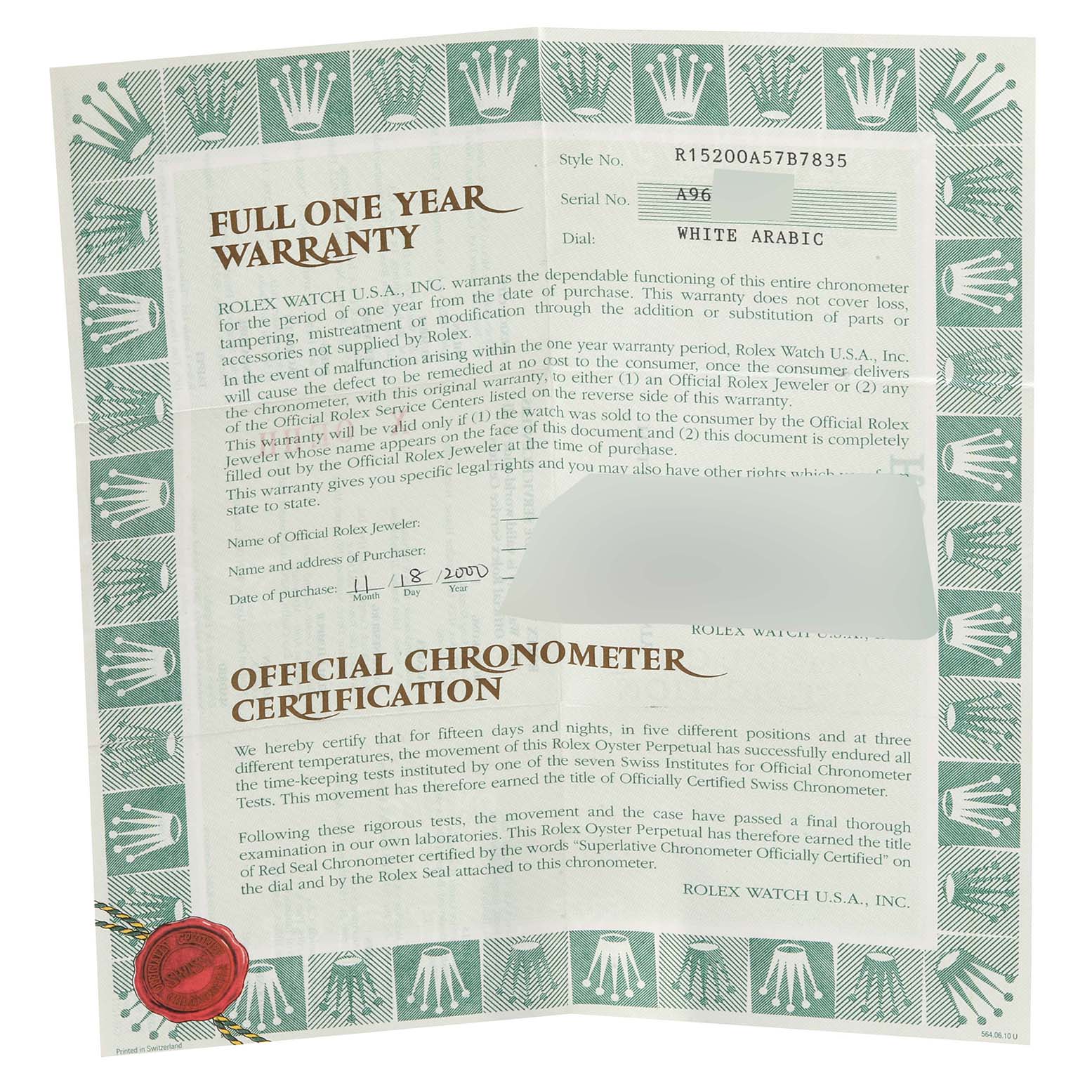 This image shows a one-year warranty certificate for a Rolex Date 15200 Men's Stainless Steel White Dial 15200 Men's Stainless Steel White Dial model watch.