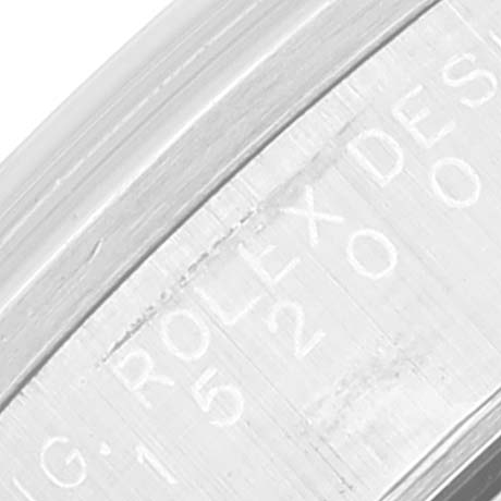 This image shows a close-up of the inner bezel of a Rolex Date 15200 Men's Stainless Steel White Dial 15200 Men's Stainless Steel White Dial model watch, featuring engraved text.
