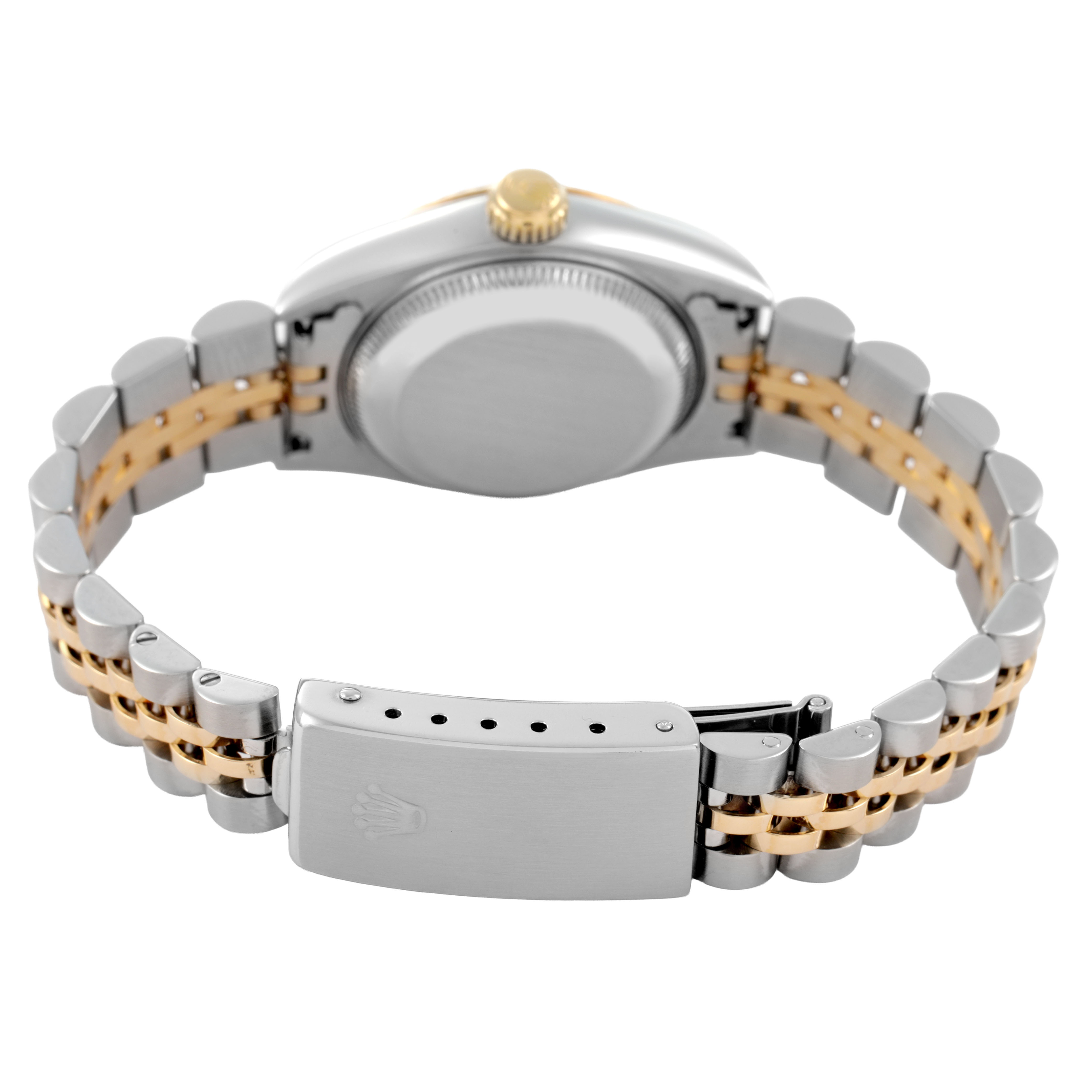 The Rolex Datejust 69173 Women's Steel and Gold (two tone) Champagne Dial watch is shown from the back, displaying the clasp, bracelet, and case back.
