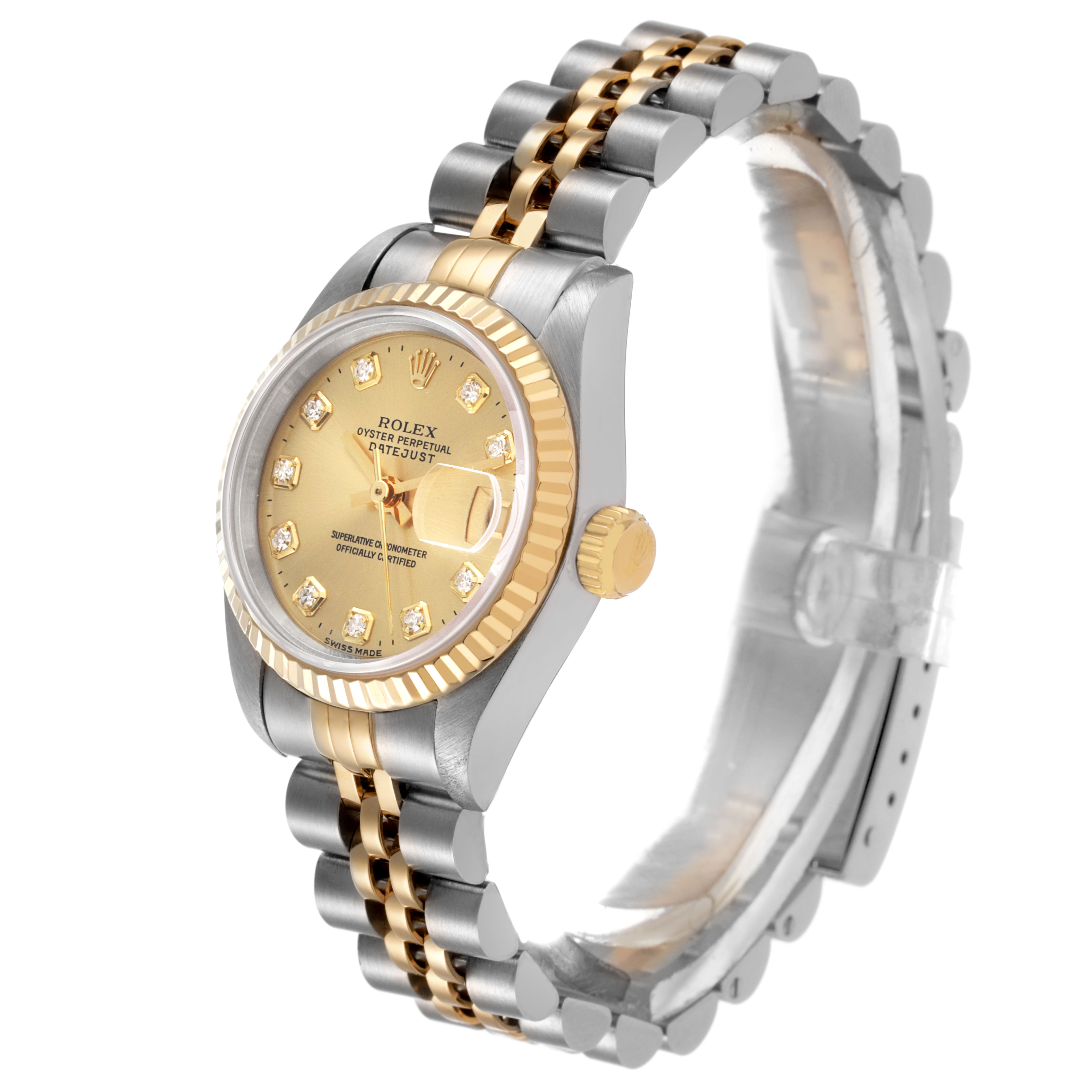 This image shows a Rolex Datejust 69173 Women's Steel and Gold (two tone) Champagne Dial watch from an angled side view, highlighting its gold and silver bracelet, fluted bezel, and crown.