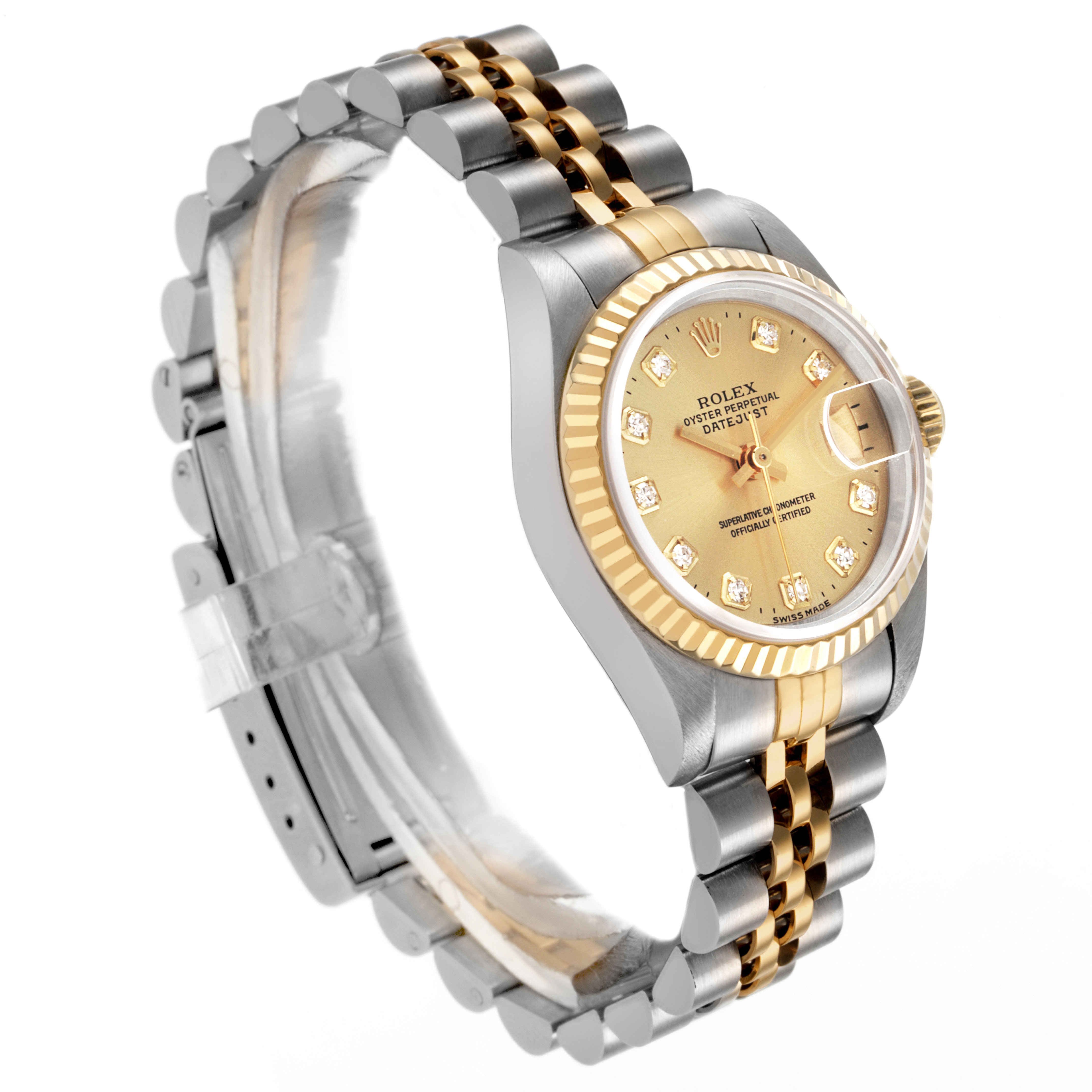 The Rolex Datejust 69173 Women's Steel and Gold (two tone) Champagne Dial watch is shown at a three-quarter angle, highlighting the face, bezel, and two-tone bracelet.