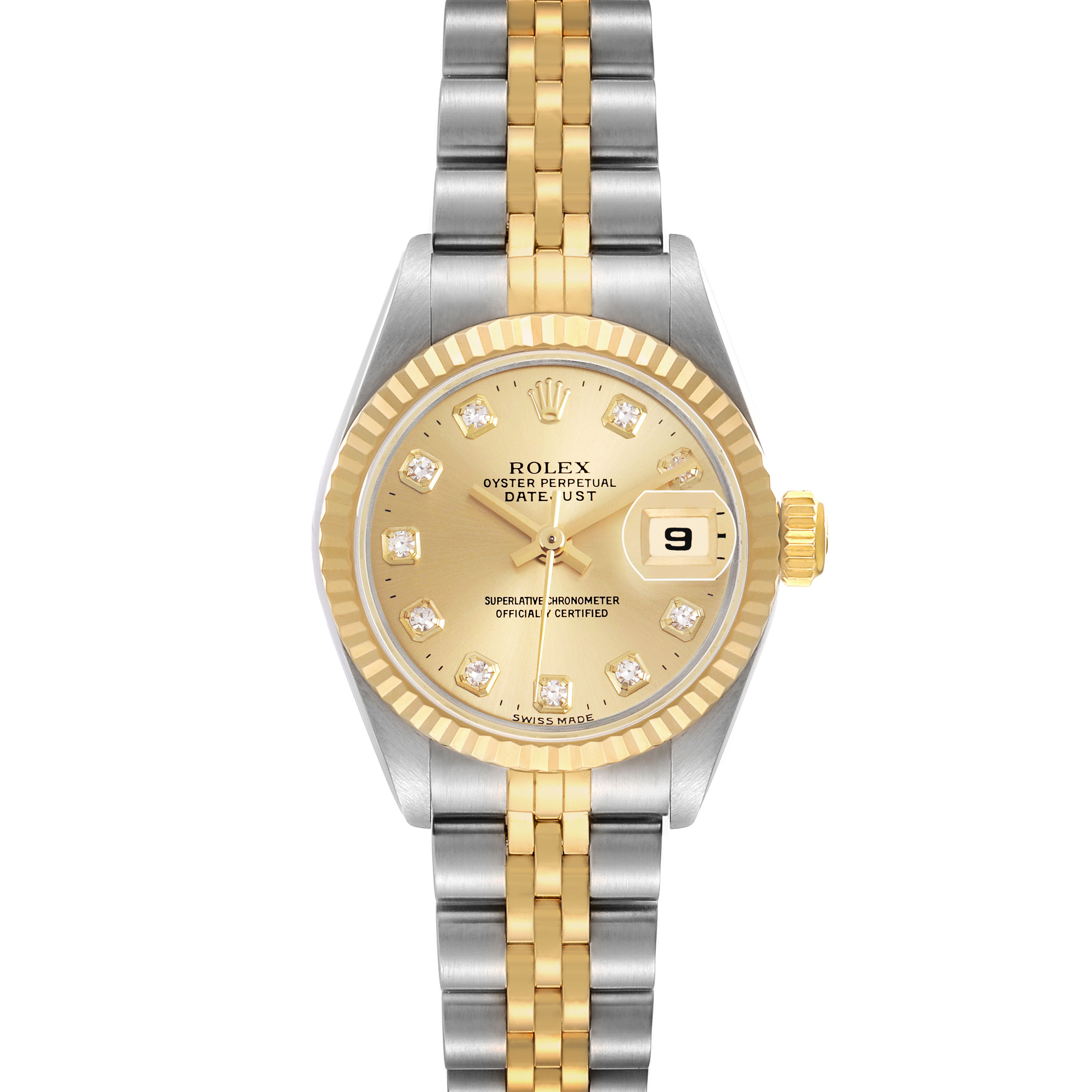 The Rolex Datejust 69173 Women's Steel and Gold (two tone) Champagne Dial watch is shown from a top-down angle, highlighting its gold and silver bracelet and diamond-accented dial.