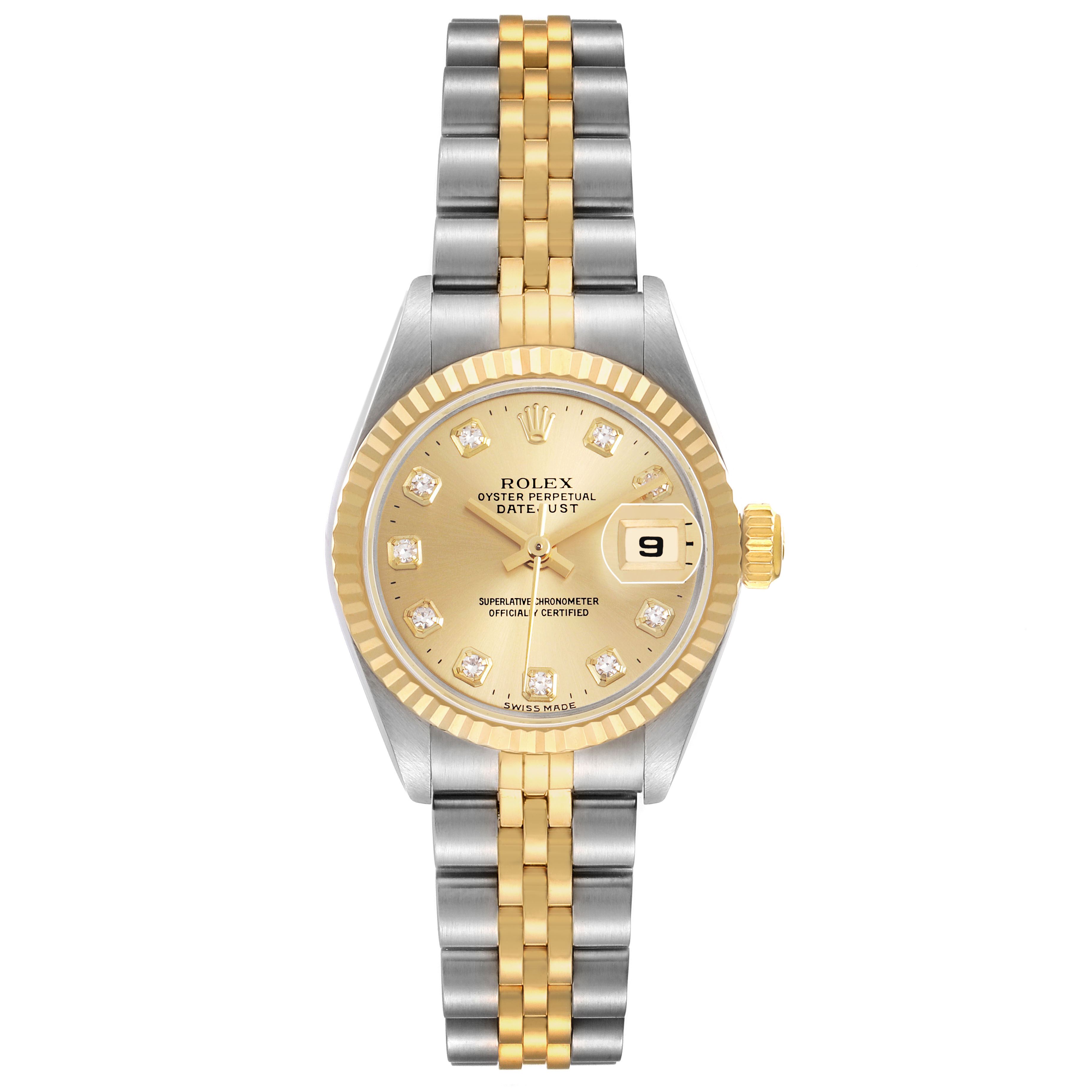 The Rolex Datejust 69173 Women's Steel and Gold (two tone) Champagne Dial watch is shown from a top view, highlighting its gold dial, diamond hour markers, and two-tone bracelet.