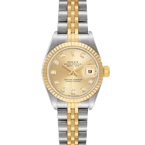 The Rolex Datejust 69173 Women's Steel and Gold (two tone) Champagne Dial watch is shown from the front, highlighting its dial, bezel, and two-tone bracelet.