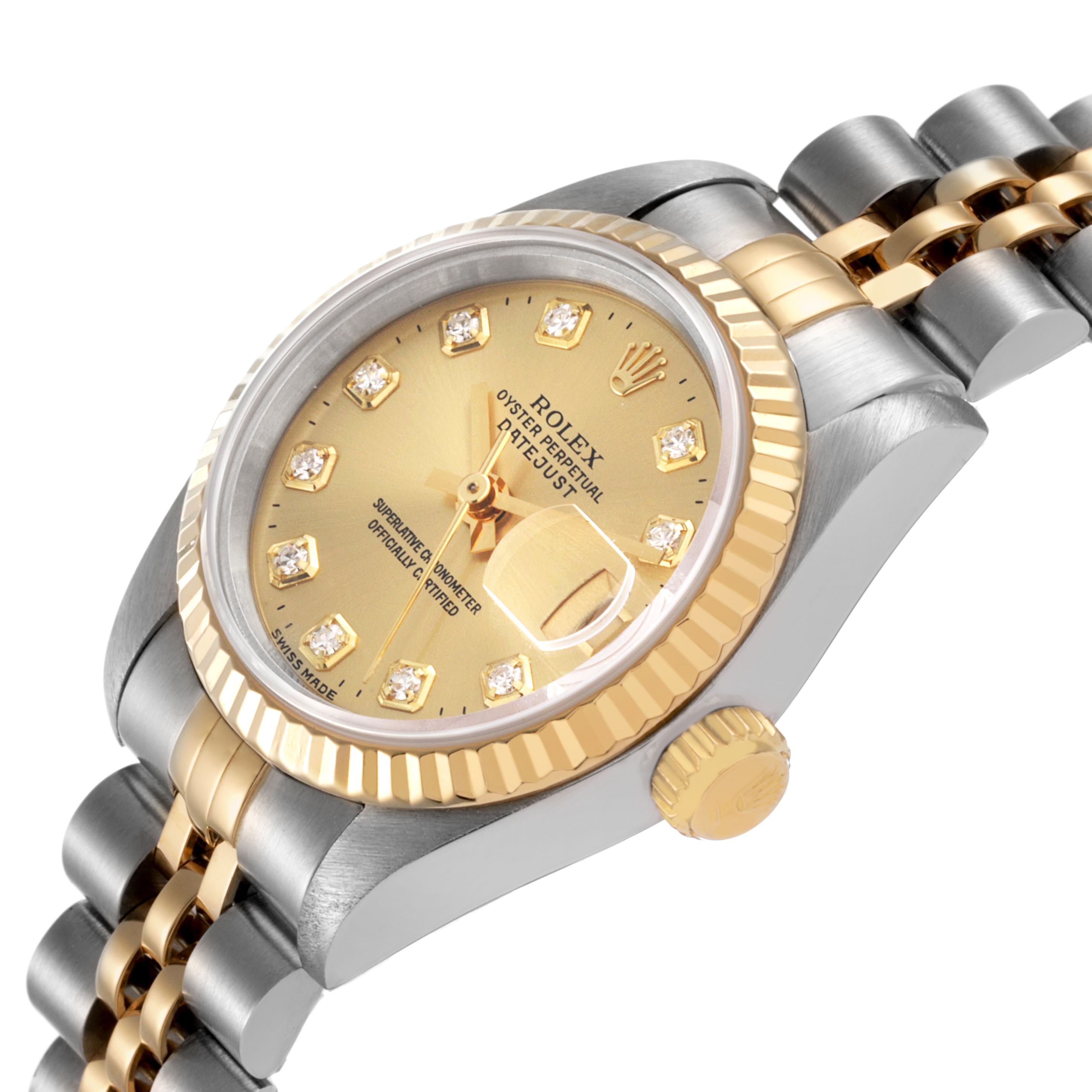 The Rolex Datejust 69173 Women's Steel and Gold (two tone) Champagne Dial watch is shown at a slight angle, highlighting the dial, fluted bezel, and part of the bracelet.