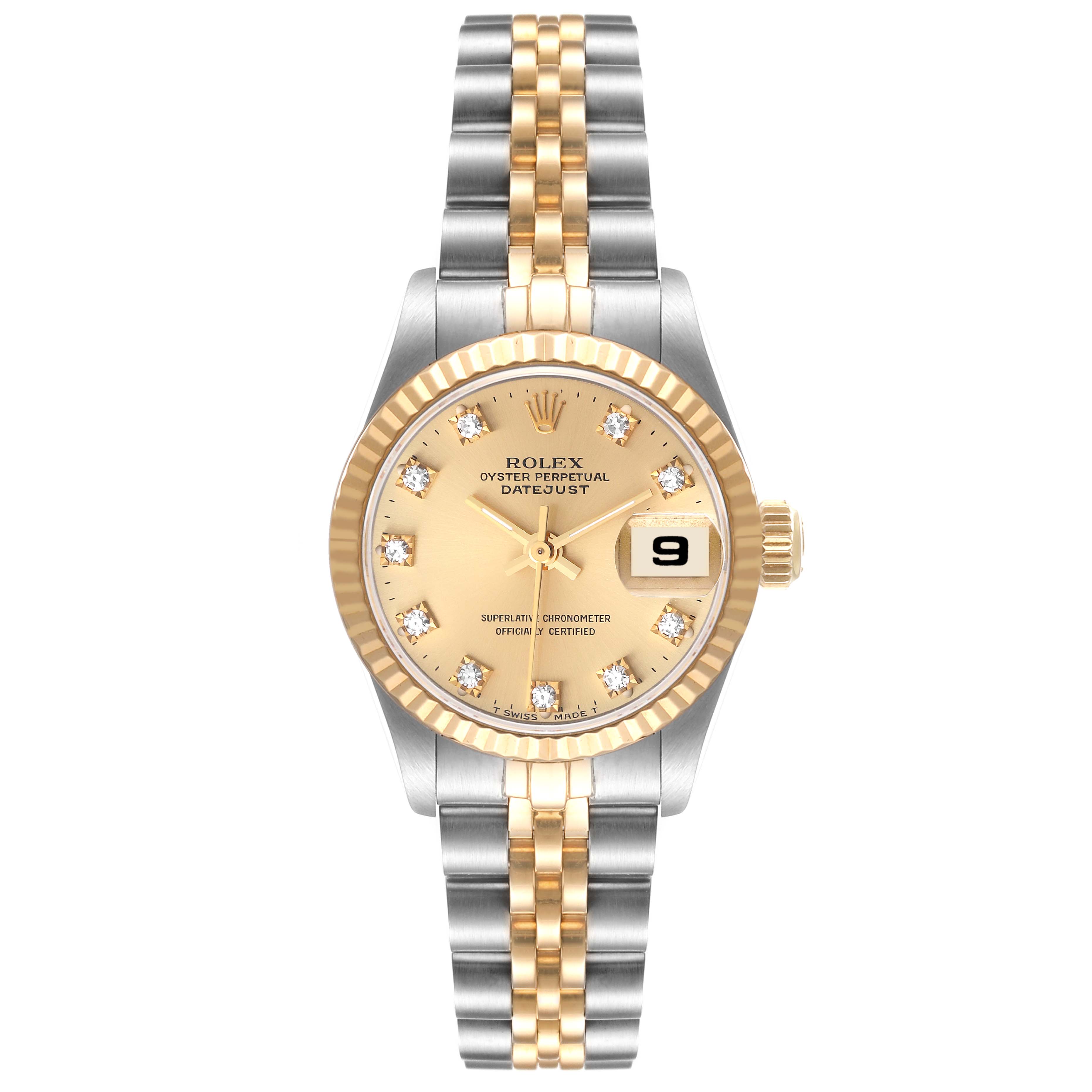 The image shows a front view of a Rolex Datejust 69173 Women's Steel and Gold (two tone) Champagne Dial 69173 Women's Steel and Gold (two tone) Champagne Dial watch, highlighting the dial, bezel, and bracelet.