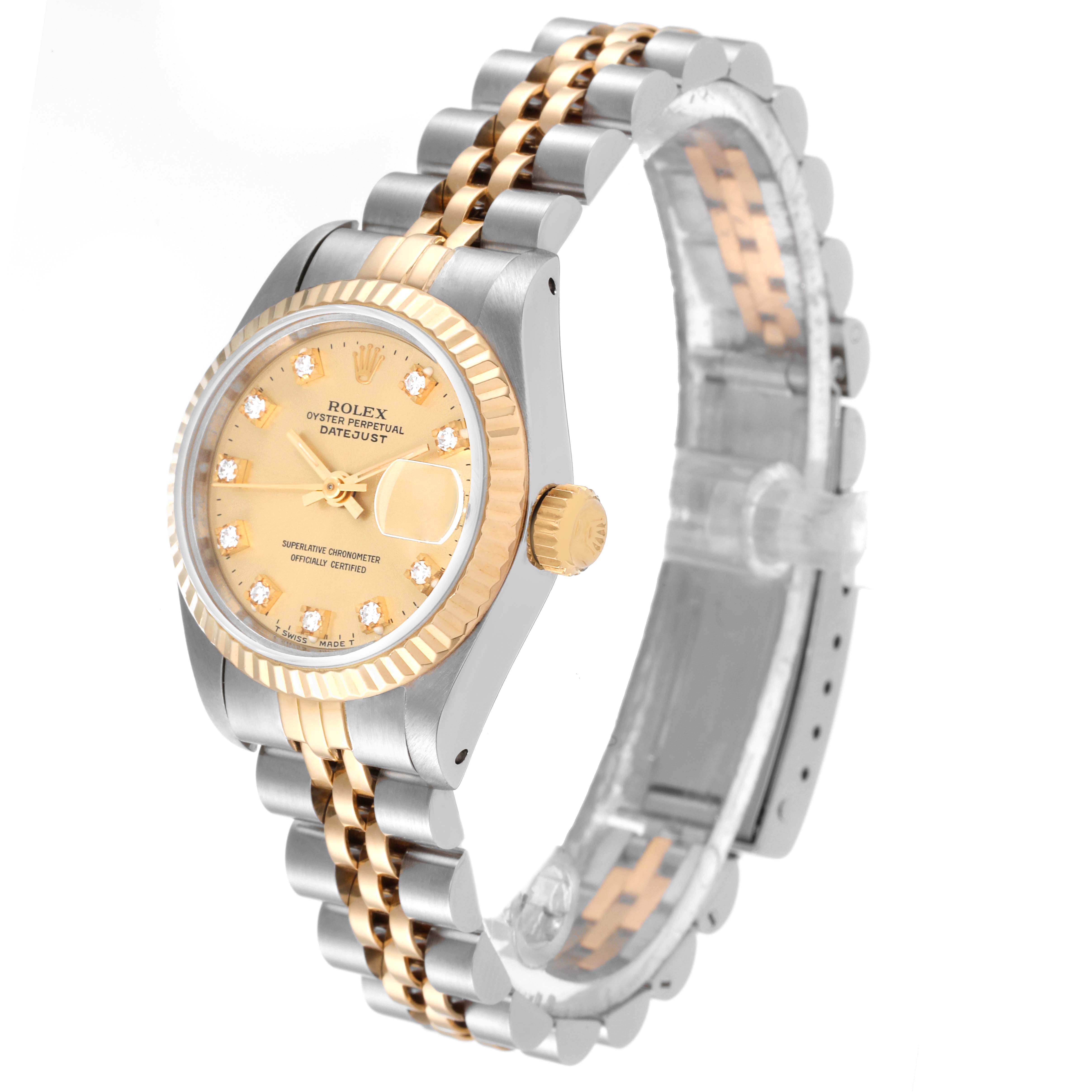 This Rolex Datejust 69173 Women's Steel and Gold (two tone) Champagne Dial 69173 Women's Steel and Gold (two tone) Champagne Dial watch is shown from a front angle, highlighting its gold face, bezel, and two-tone bracelet.