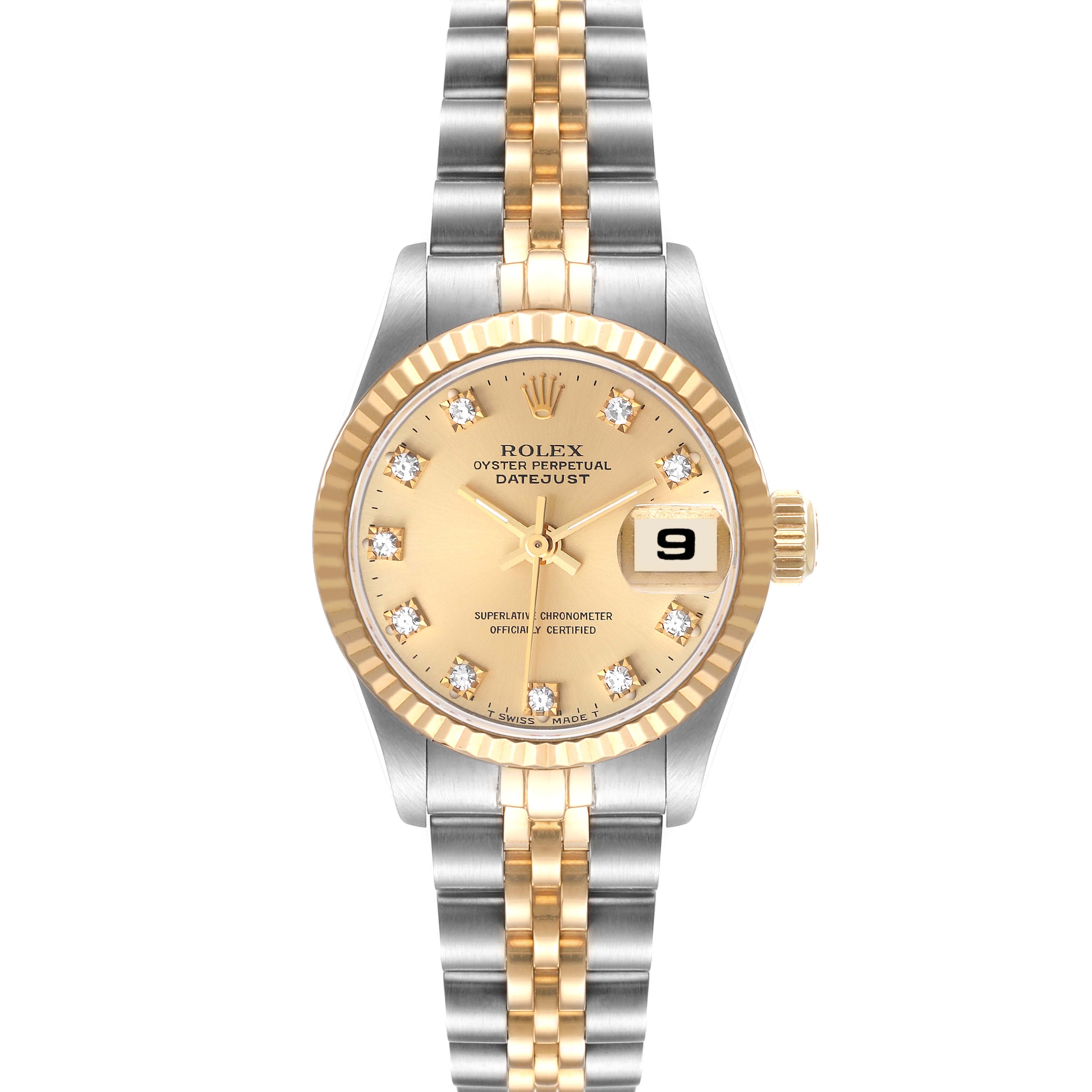 The image shows a frontal view of a Rolex Datejust 69173 Women's Steel and Gold (two tone) Champagne Dial 69173 Women's Steel and Gold (two tone) Champagne Dial watch, displaying its dial, bezel, and bracelet.