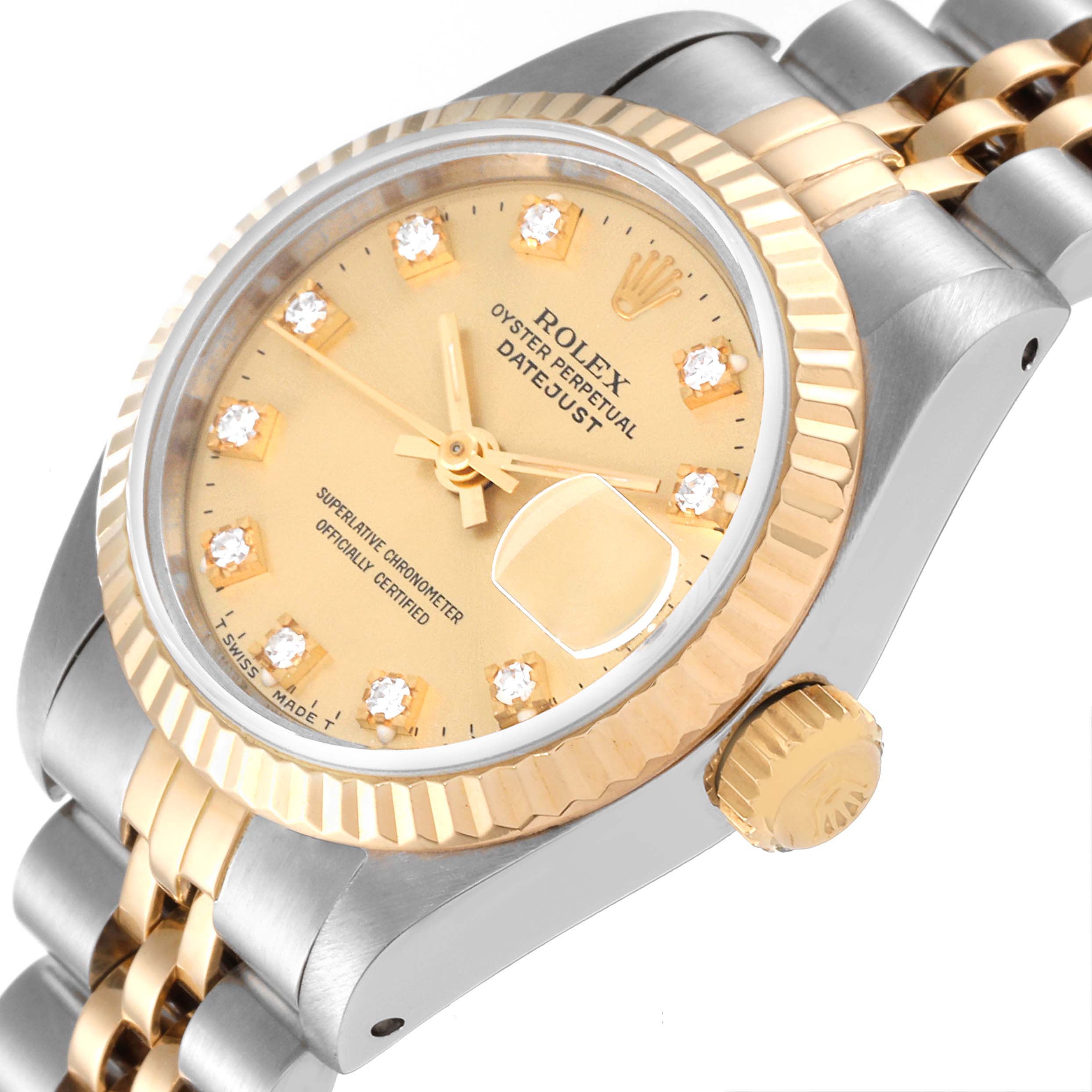 The Rolex Datejust 69173 Women's Steel and Gold (two tone) Champagne Dial 69173 Women's Steel and Gold (two tone) Champagne Dial watch is shown from an oblique angle, highlighting the dial, crown, bezel, and part of the bracelet.