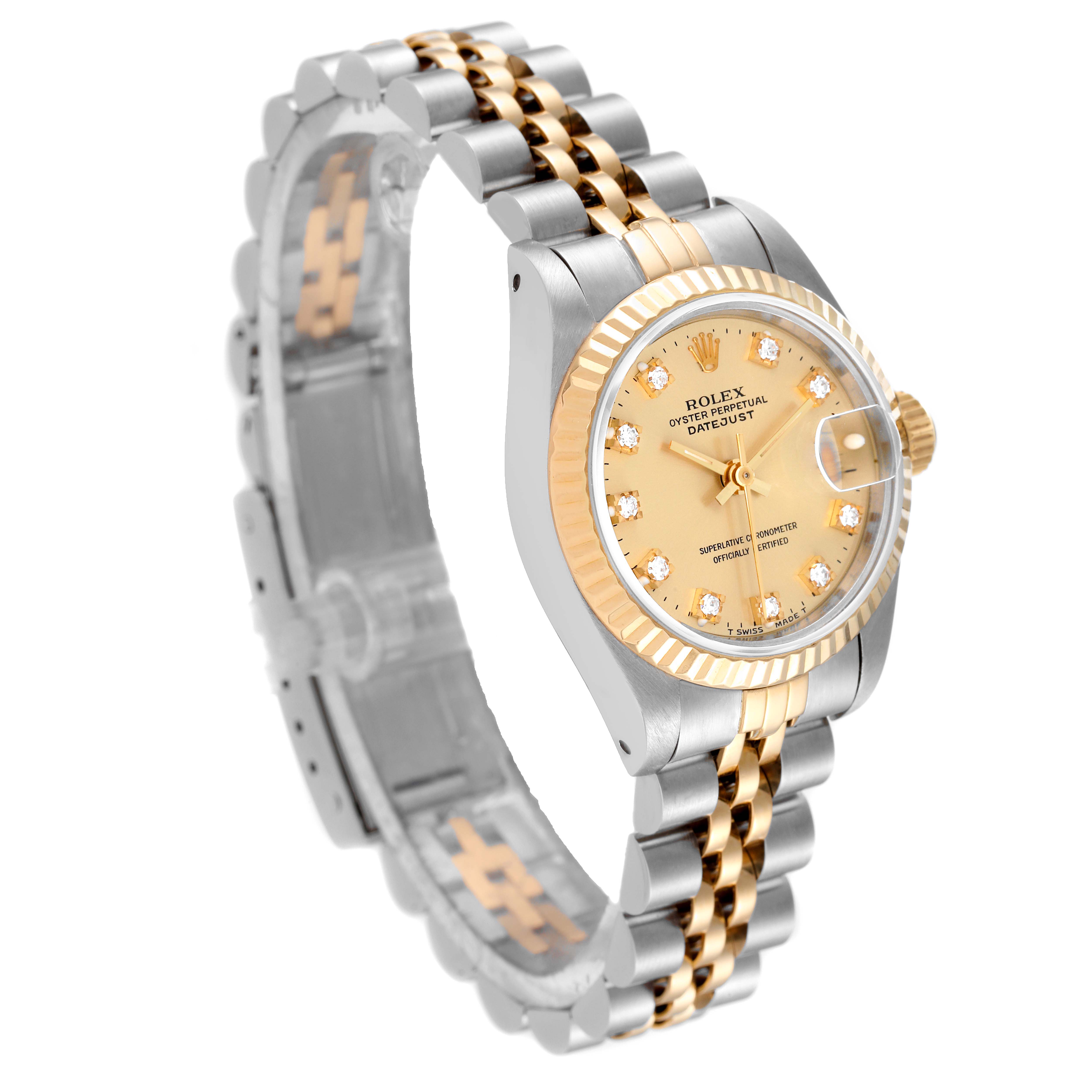 This image shows a Rolex Datejust 69173 Women's Steel and Gold (two tone) Champagne Dial 69173 Women's Steel and Gold (two tone) Champagne Dial watch, angled to display the face, bezel, and portions of the bracelet.