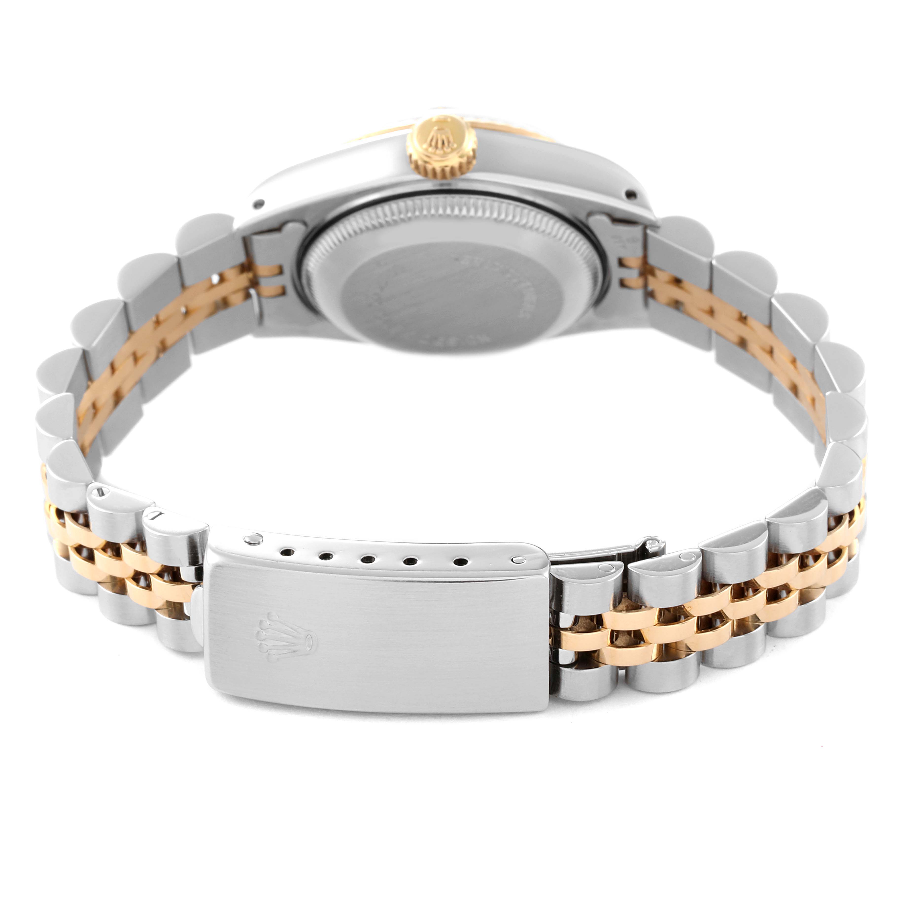 The Rolex Datejust 69173 Women's Steel and Gold (two tone) Champagne Dial 69173 Women's Steel and Gold (two tone) Champagne Dial watch is shown from the back, highlighting the bracelet, clasp, case back, and crown.