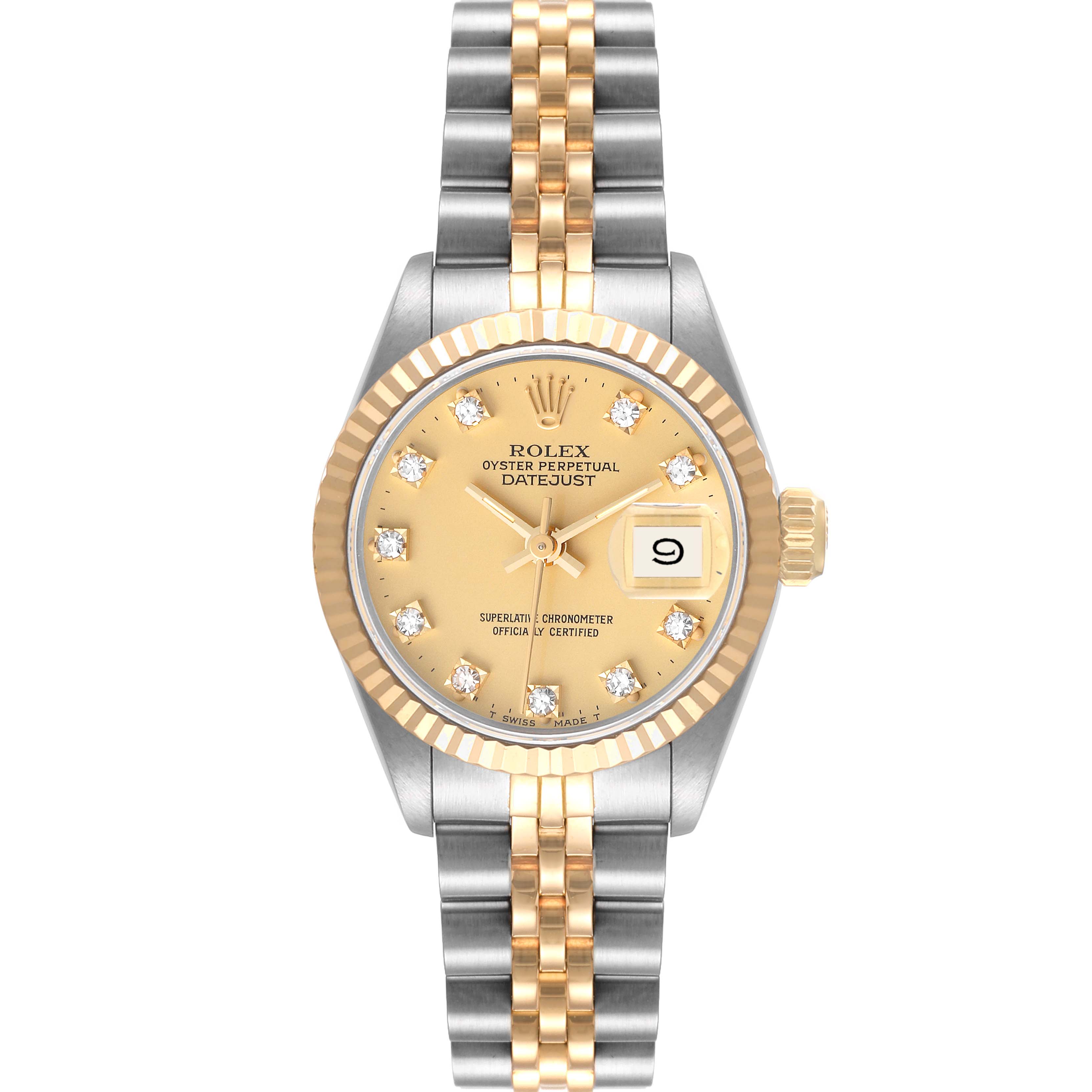 The image shows a front view of a Rolex Datejust 69173 Women's Steel and Gold (two tone) Champagne Dial 69173 Women's Steel and Gold (two tone) Champagne Dial watch with a gold and silver Jubilee bracelet and a date display.