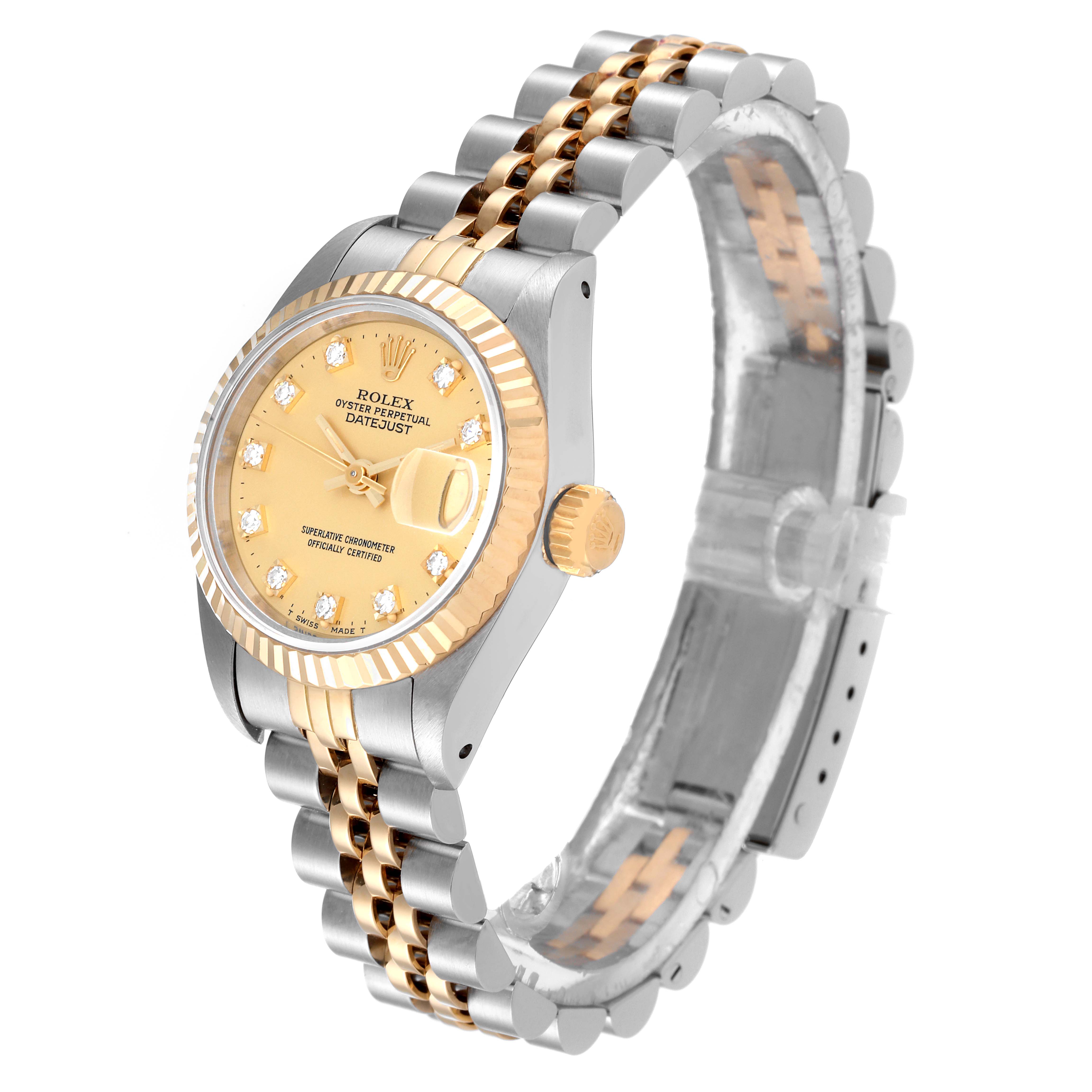 The image shows a Rolex Datejust 69173 Women's Steel and Gold (two tone) Champagne Dial 69173 Women's Steel and Gold (two tone) Champagne Dial watch at an angled side view, highlighting its yellow-gold and stainless steel design with a Jubilee bracelet.