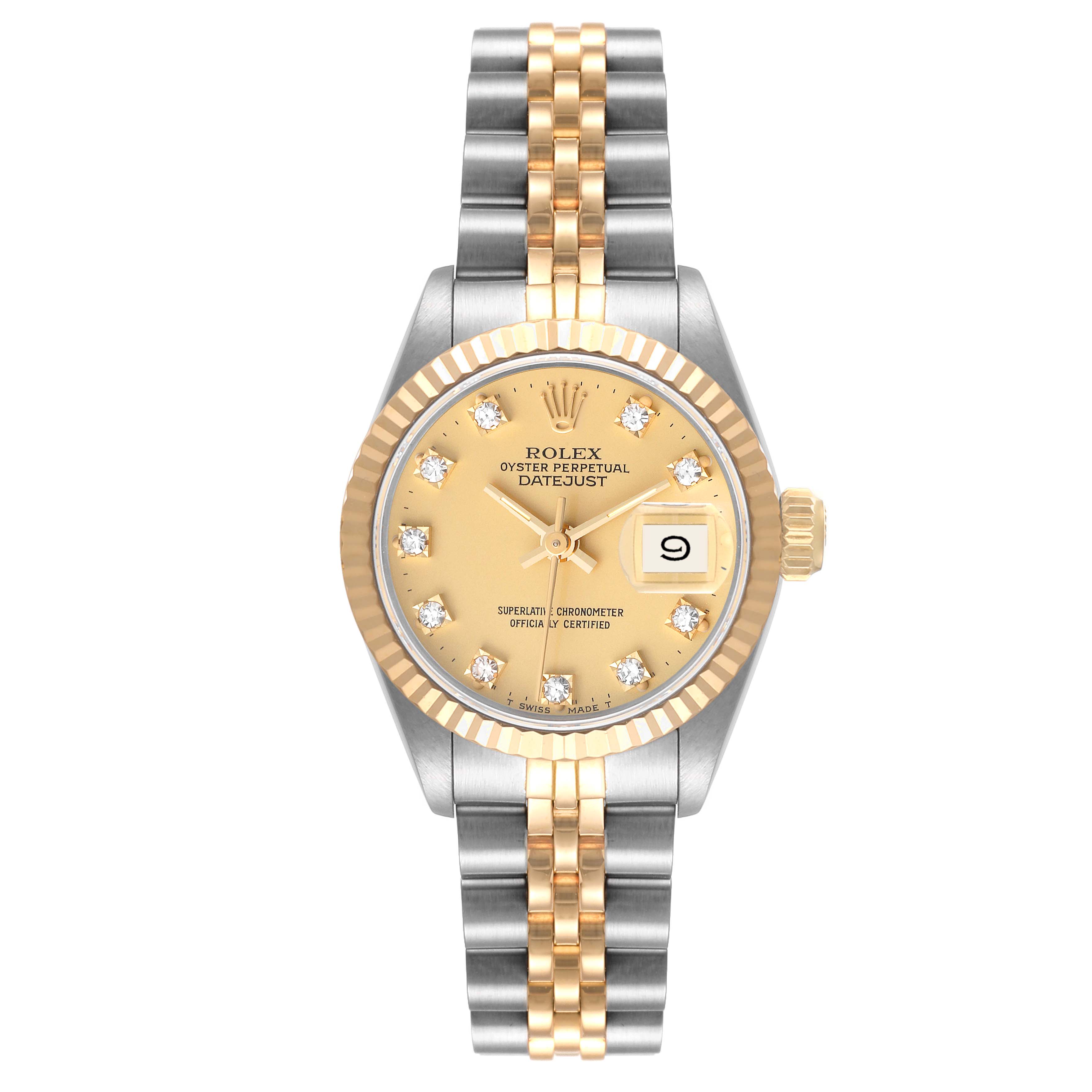 This is a frontal view of the Rolex Datejust 69173 Women's Steel and Gold (two tone) Champagne Dial 69173 Women's Steel and Gold (two tone) Champagne Dial watch, showcasing its dial, bezel, and jubilee bracelet.