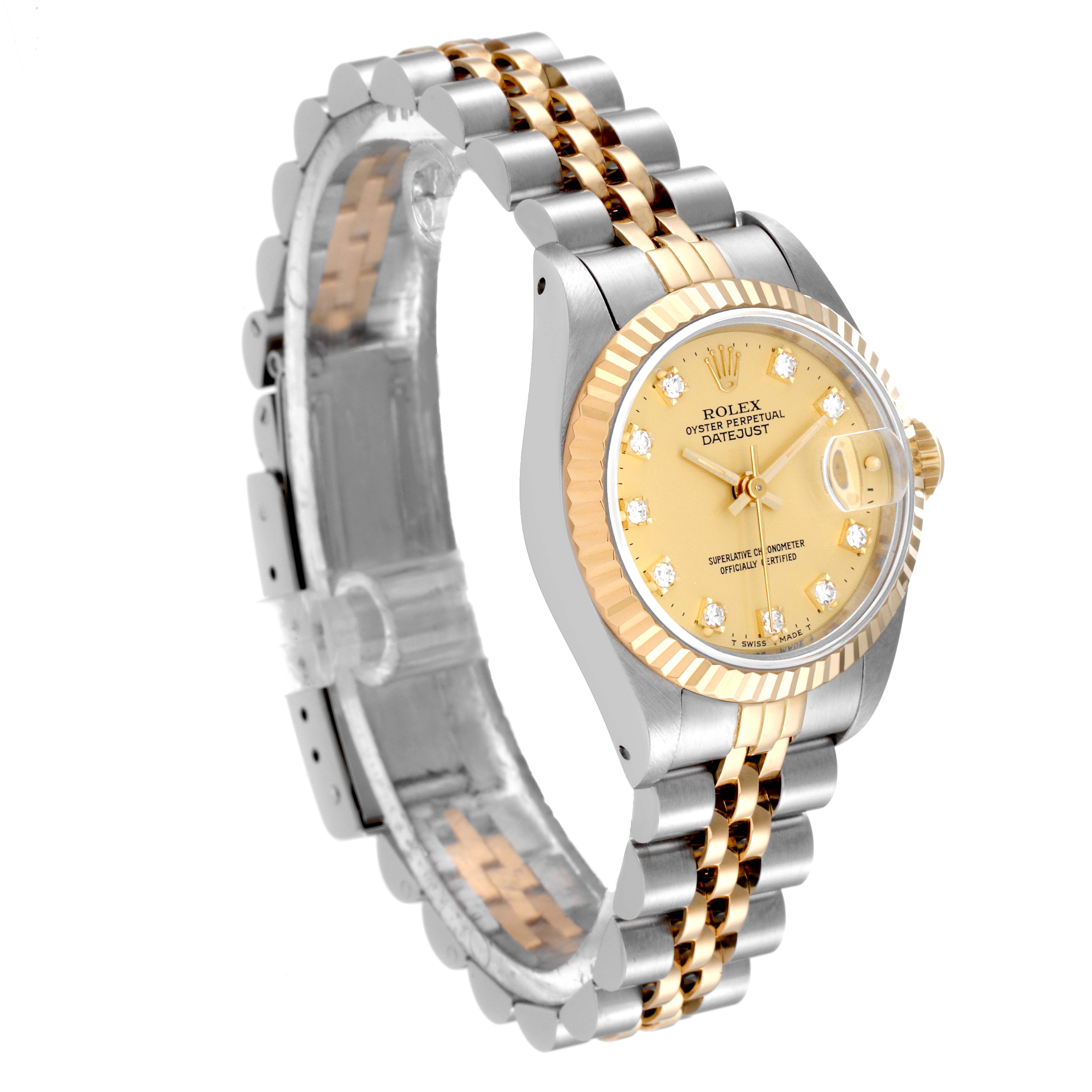 The image shows a Rolex Datejust 69173 Women's Steel and Gold (two tone) Champagne Dial 69173 Women's Steel and Gold (two tone) Champagne Dial watch from an angled side view, highlighting its gold dial, diamond markers, and two-tone bracelet.