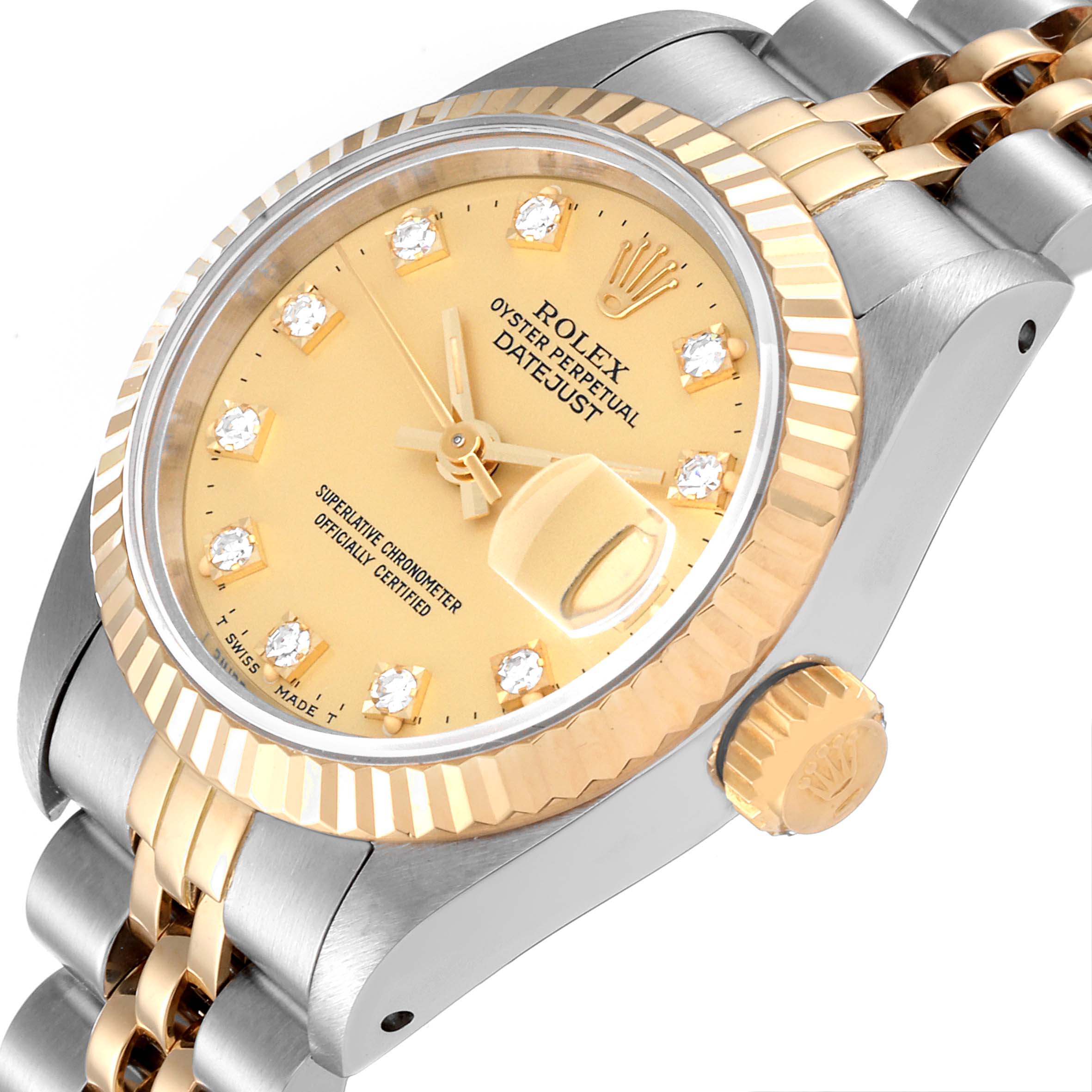 The image shows a close-up of the Rolex Datejust 69173 Women's Steel and Gold (two tone) Champagne Dial 69173 Women's Steel and Gold (two tone) Champagne Dial watch from a side angle, highlighting the bezel, dial, and part of the band.