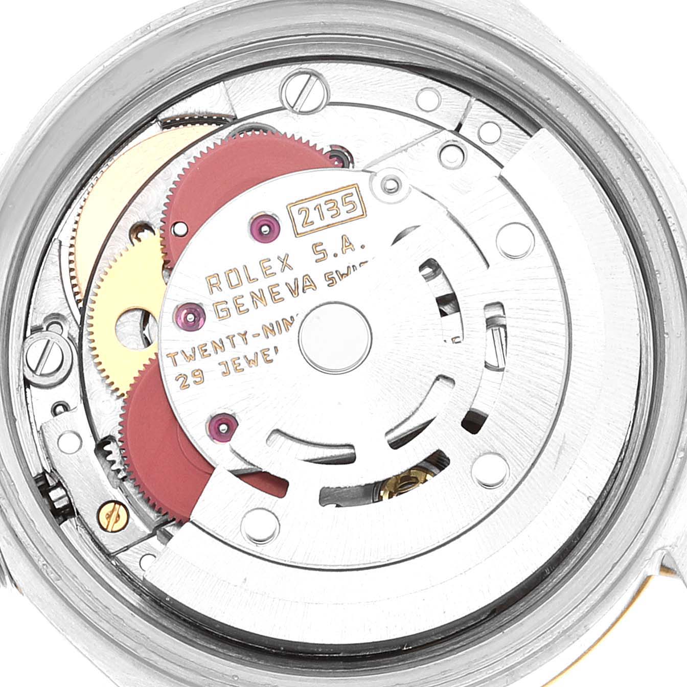 This image shows the internal movement mechanism of a Rolex Datejust 69173 Women's Steel and Gold (two tone) Champagne Dial 69173 Women's Steel and Gold (two tone) Champagne Dial watch from a top-down angle.