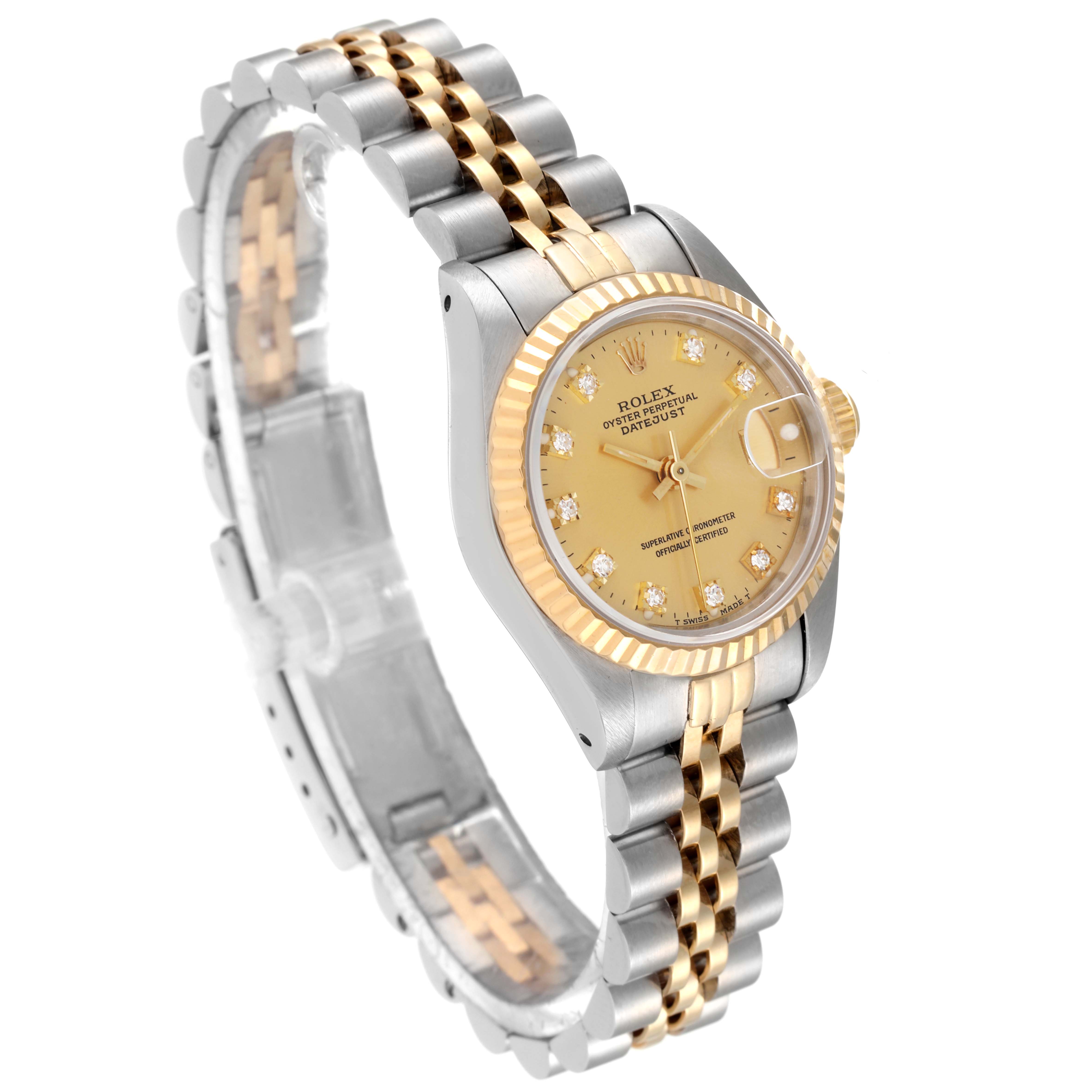 The image shows a side view of a Rolex Datejust 69173 Women's Steel and Gold (two tone) Champagne Dial 69173 Women's Steel and Gold (two tone) Champagne Dial watch, highlighting its dial, bezel, and two-tone bracelet.
