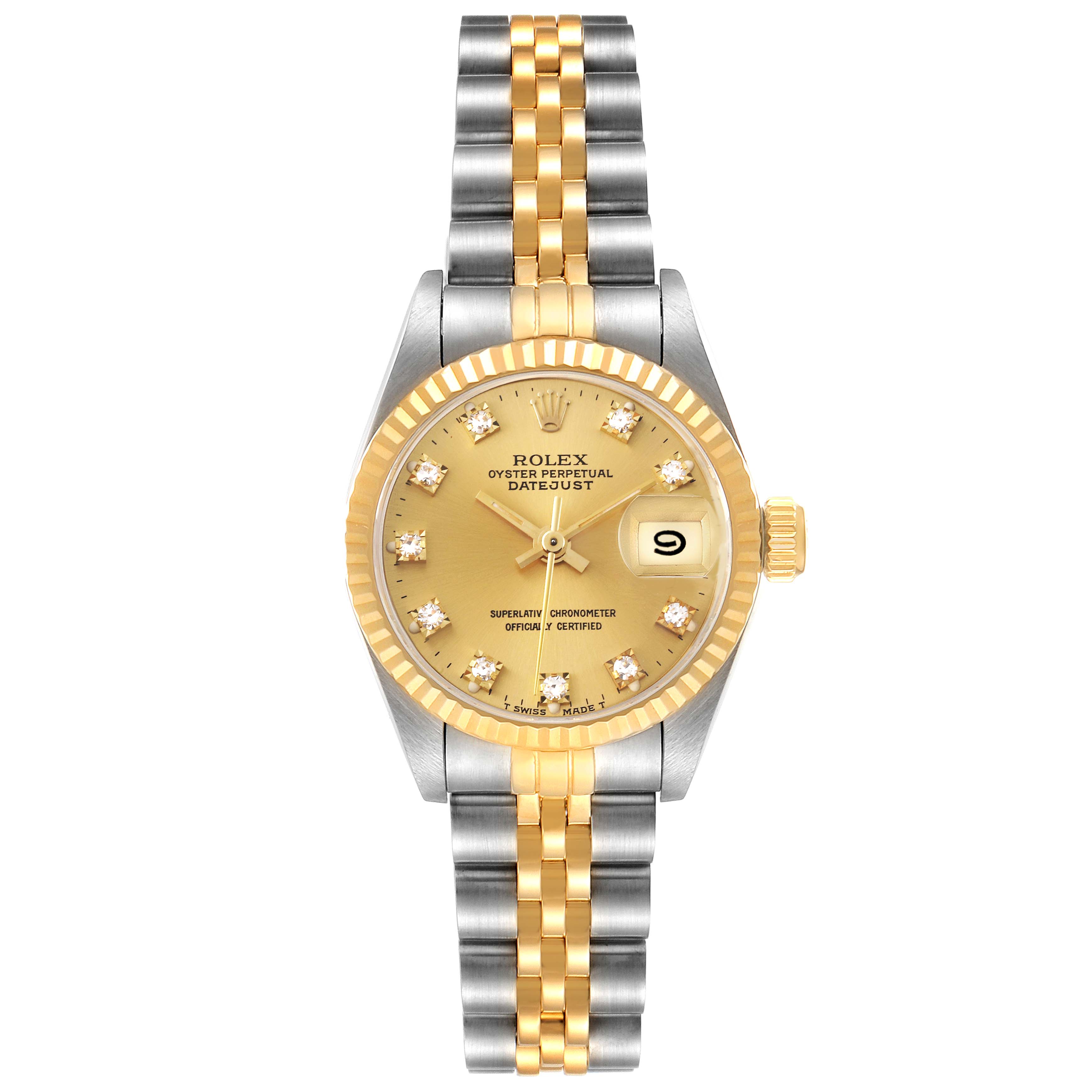 The image shows a front view of a Rolex Datejust 69173 Women's Steel and Gold (two tone) Champagne Dial 69173 Women's Steel and Gold (two tone) Champagne Dial watch, highlighting its dual-tone bracelet, fluted bezel, and date window.