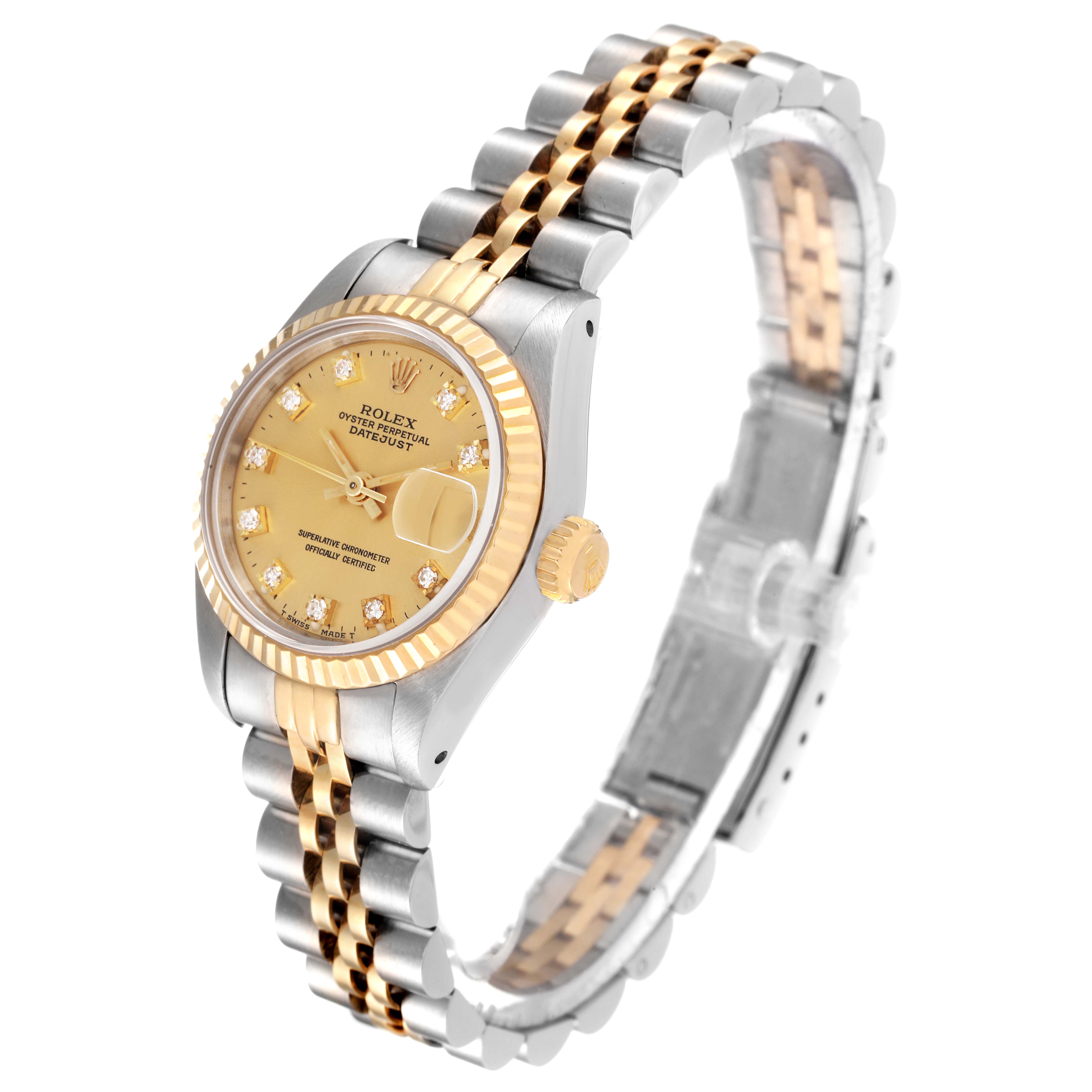 The image shows a side-angle view of a Rolex Datejust 69173 Women's Steel and Gold (two tone) Champagne Dial 69173 Women's Steel and Gold (two tone) Champagne Dial watch, highlighting its bezel, dial, crown, and two-tone bracelet.