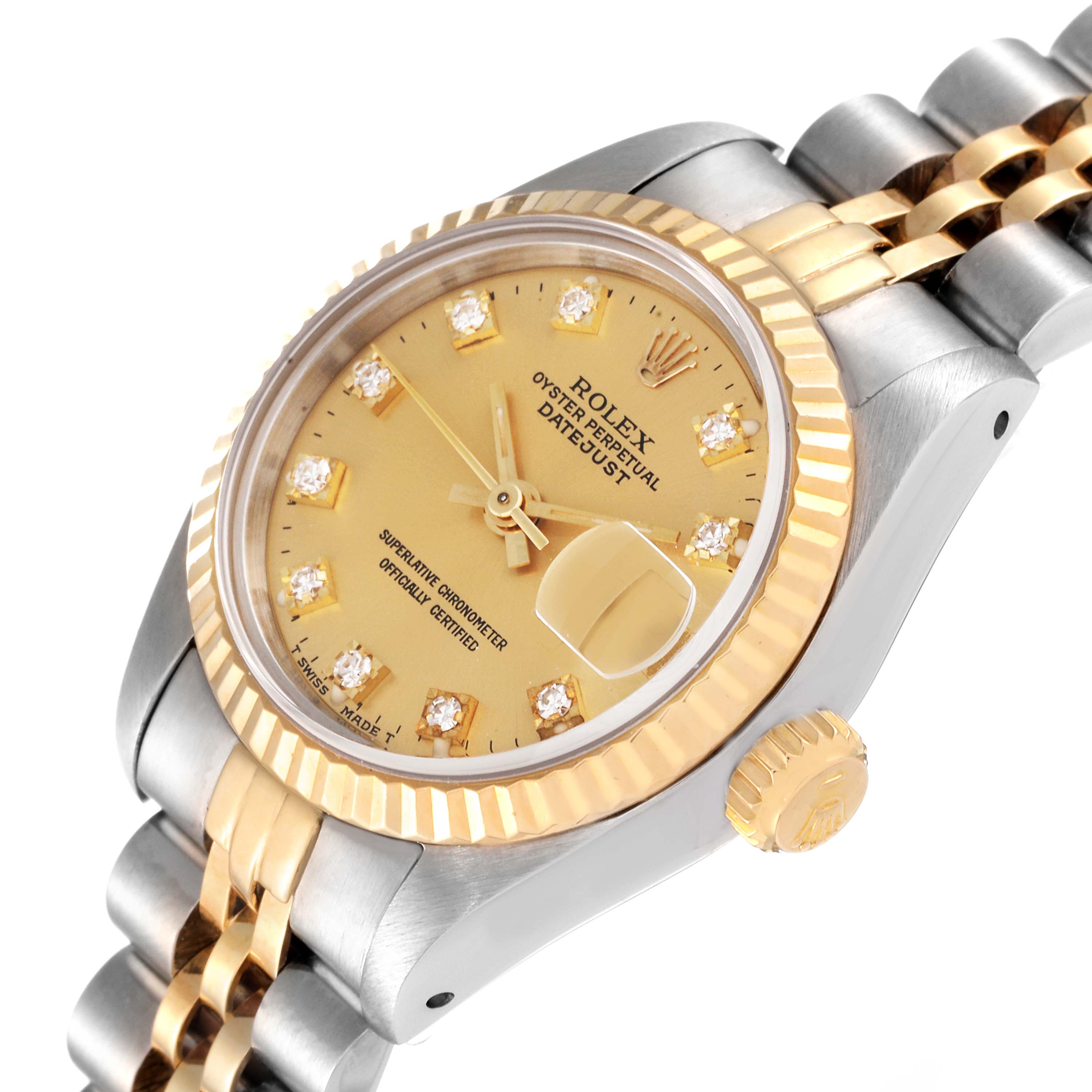 The Rolex Datejust 69173 Women's Steel and Gold (two tone) Champagne Dial 69173 Women's Steel and Gold (two tone) Champagne Dial watch is shown at an angle displaying the face, fluted bezel, and two-tone bracelet.