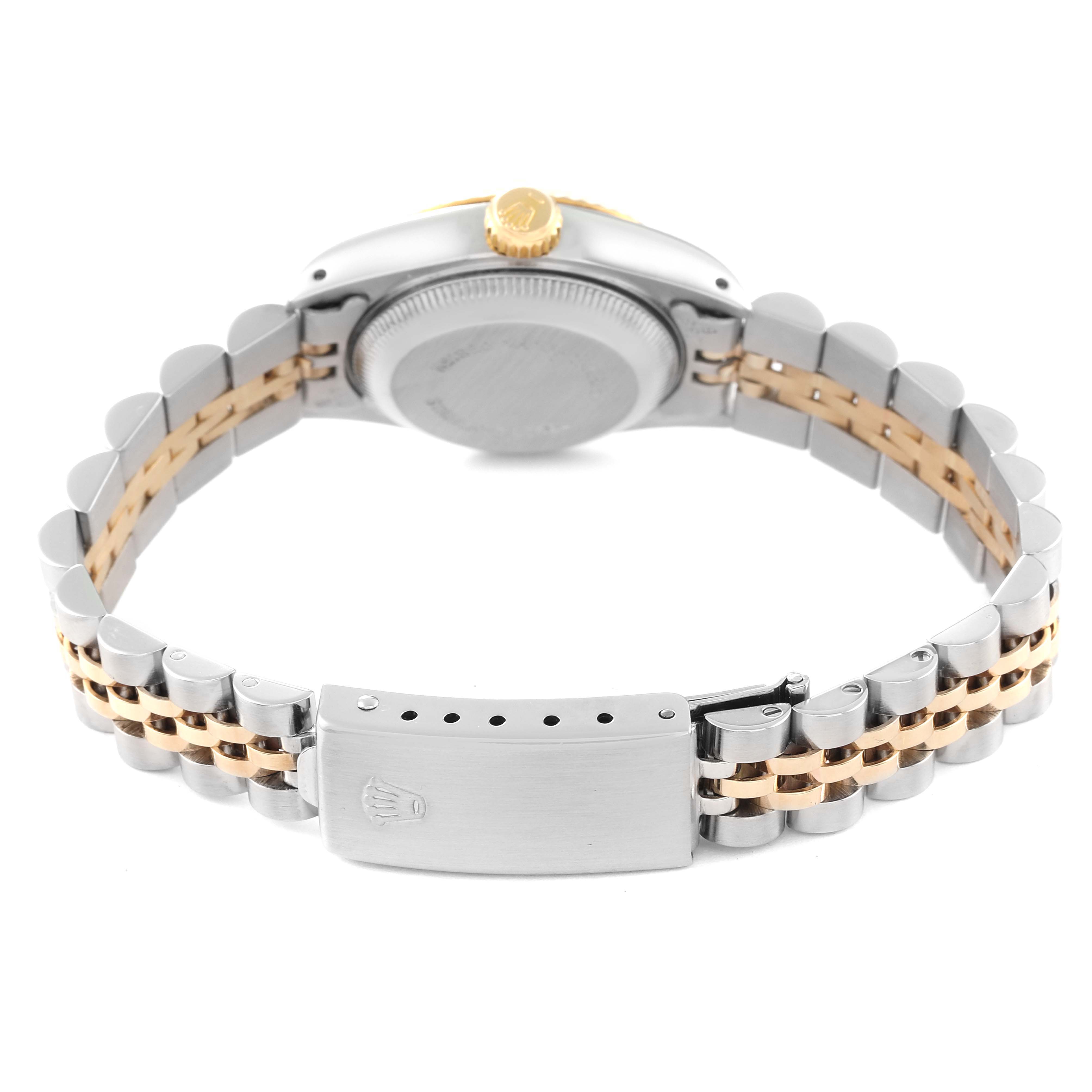 This image shows the back case and clasp of a Rolex Datejust 69173 Women's Steel and Gold (two tone) Champagne Dial 69173 Women's Steel and Gold (two tone) Champagne Dial watch, highlighting its two-tone bracelet.