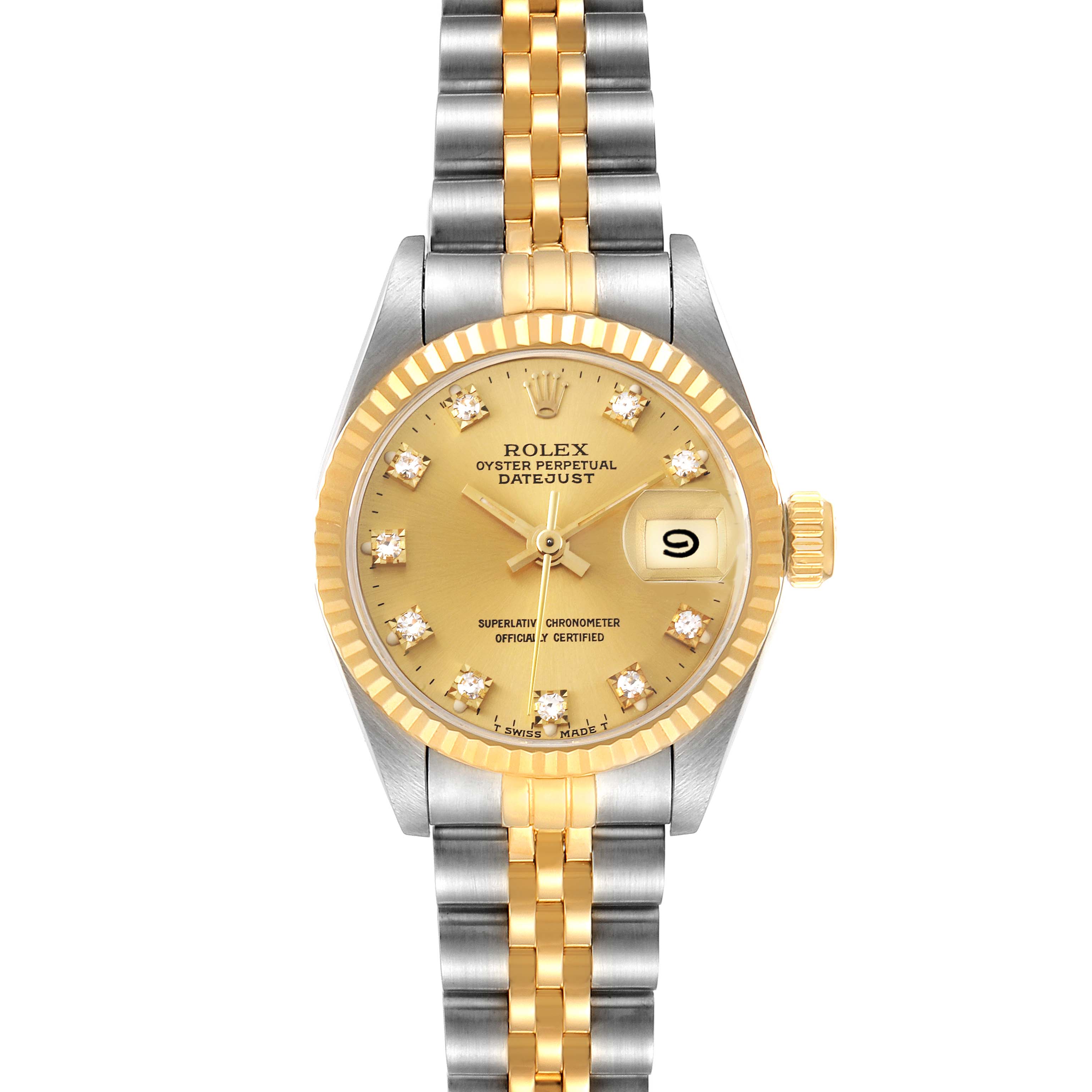 The image shows a front view of the Rolex Datejust 69173 Women's Steel and Gold (two tone) Champagne Dial 69173 Women's Steel and Gold (two tone) Champagne Dial watch, highlighting its gold dial, diamond hour markers, and two-tone bracelet.