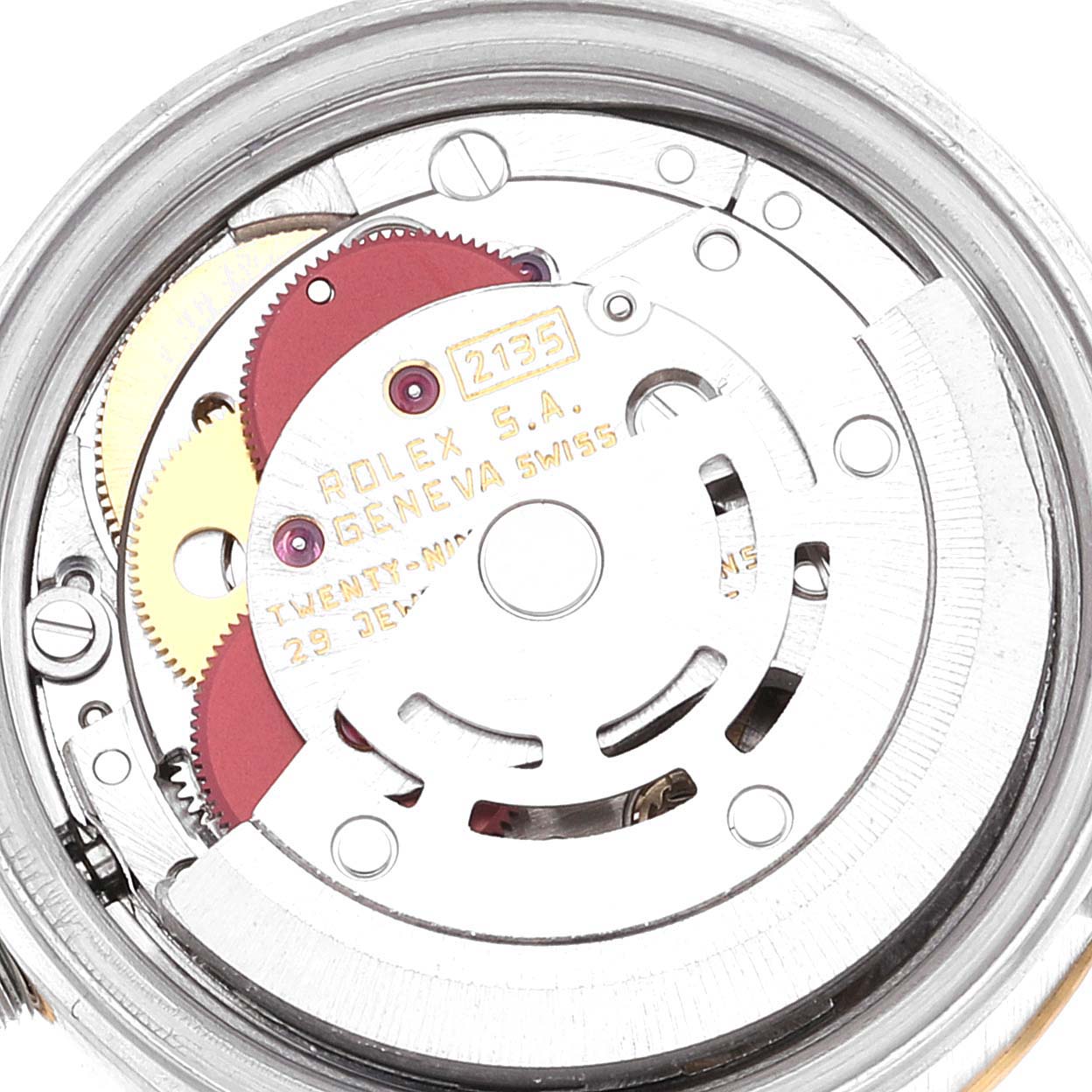 This is a close-up of the movement mechanism of a Rolex Datejust 69173 Women's Steel and Gold (two tone) Champagne Dial 69173 Women's Steel and Gold (two tone) Champagne Dial watch.