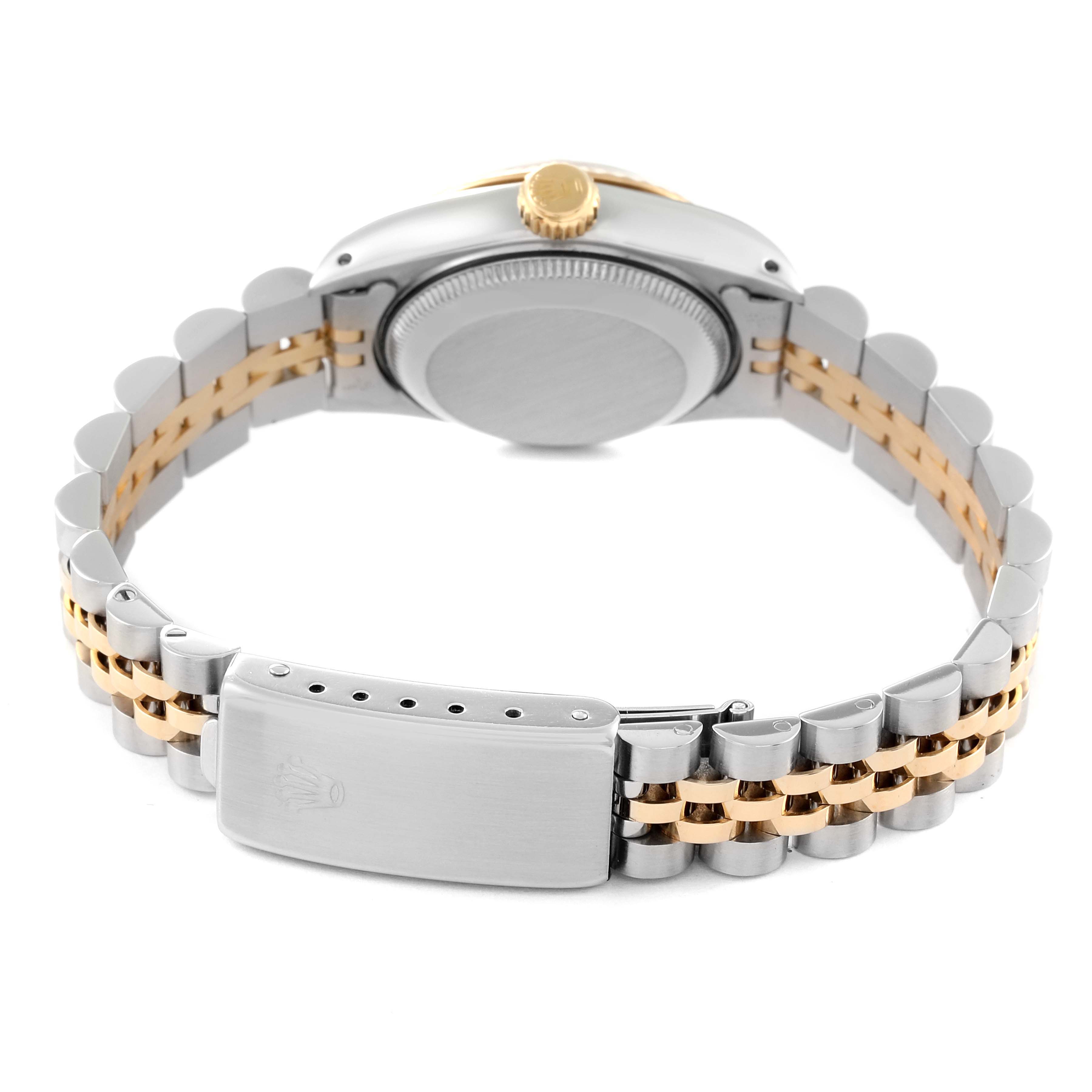 The image shows the back view of a Rolex Datejust 69173 Women's Steel and Gold (two tone) Champagne Dial 69173 Women's Steel and Gold (two tone) Champagne Dial watch, highlighting the case back, bracelet, and clasp.