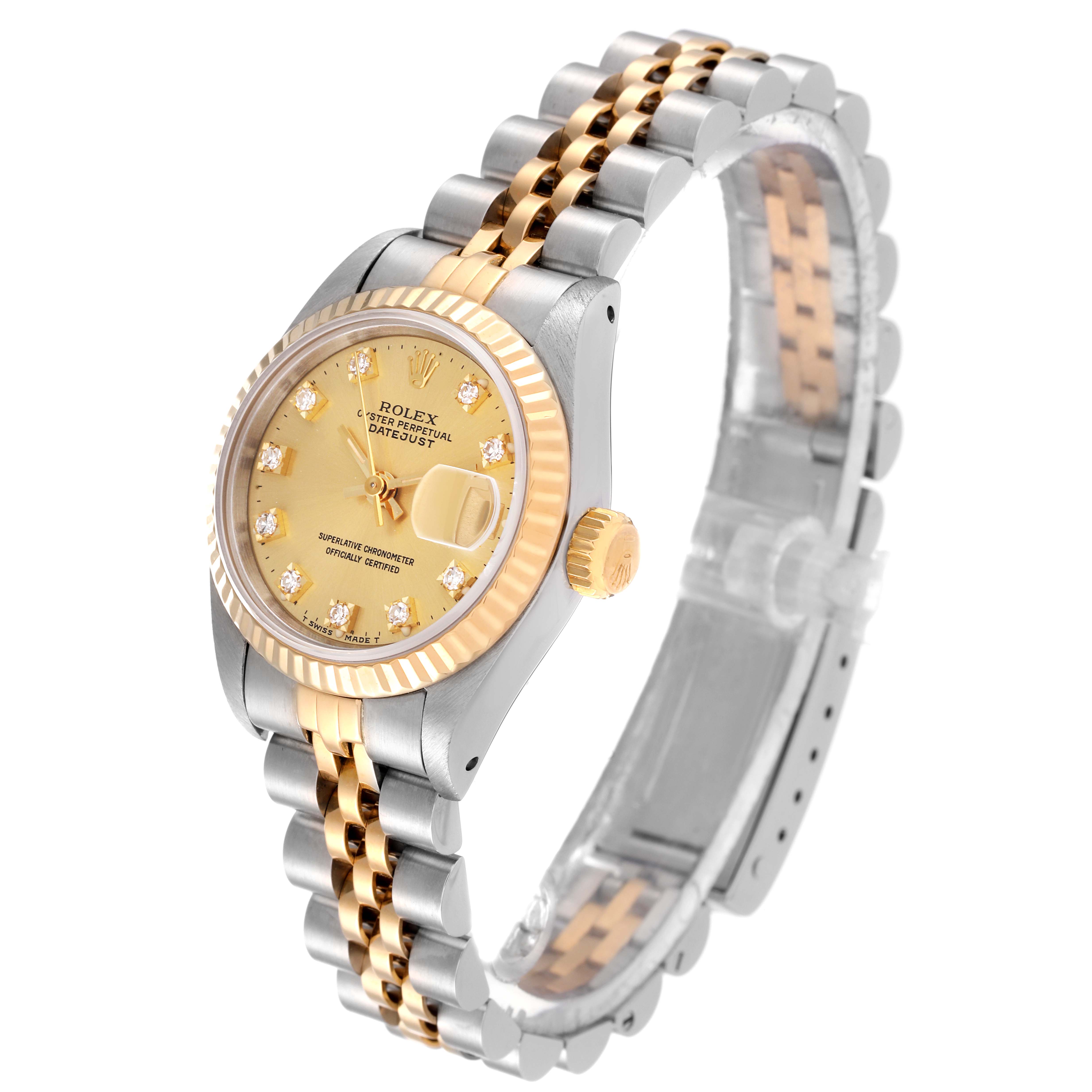 The Rolex Datejust 69173 Women's Steel and Gold (two tone) Champagne Dial 69173 Women's Steel and Gold (two tone) Champagne Dial model is shown at a 45-degree angle, highlighting the dial, crown, bezel, and two-tone bracelet.