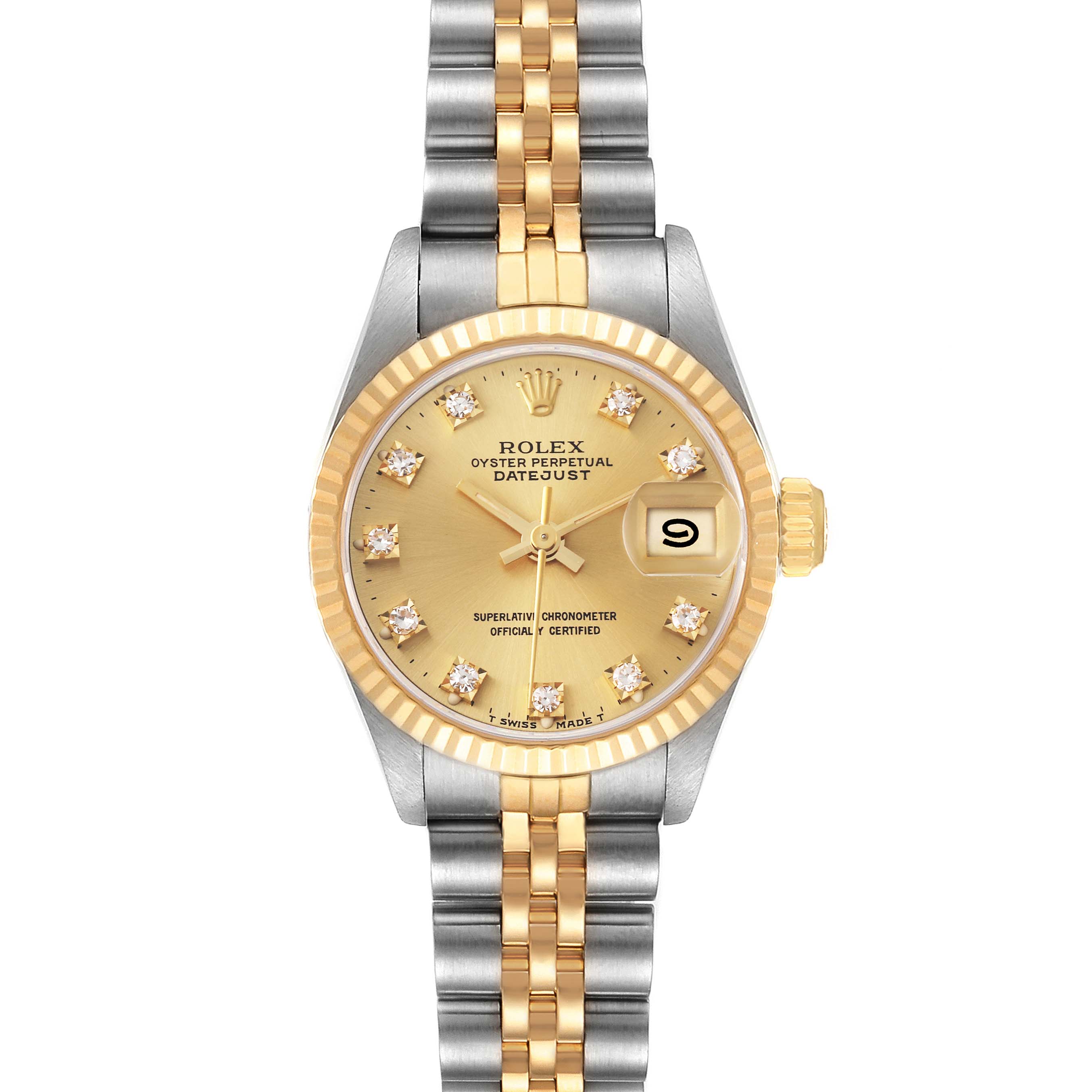 The image shows a front view of a Rolex Datejust 69173 Women's Steel and Gold (two tone) Champagne Dial 69173 Women's Steel and Gold (two tone) Champagne Dial watch, showcasing its dial, bezel, and bracelet.