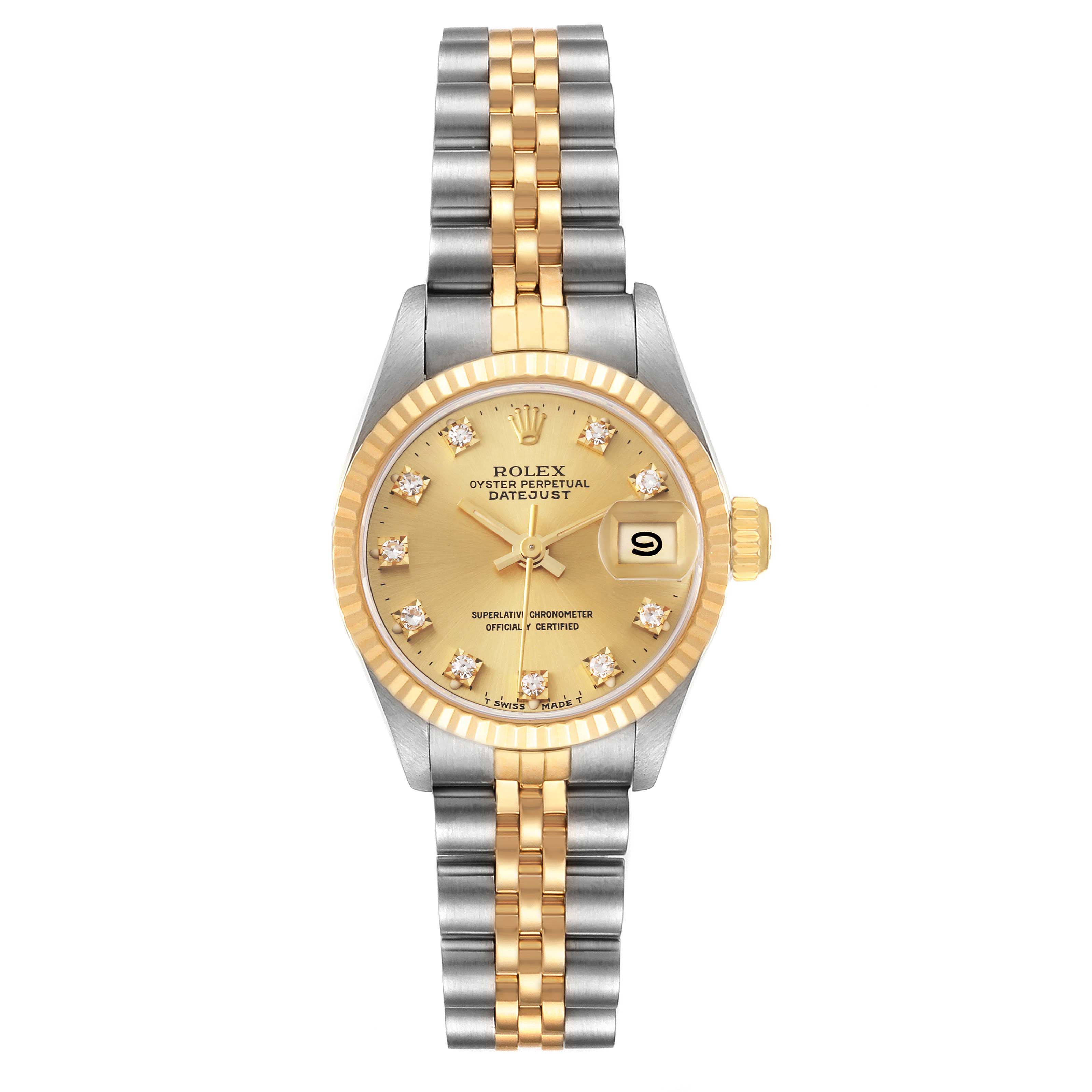 The image shows a front view of a Rolex Datejust 69173 Women's Steel and Gold (two tone) Champagne Dial 69173 Women's Steel and Gold (two tone) Champagne Dial watch, highlighting the dial, bezel, and bracelet.
