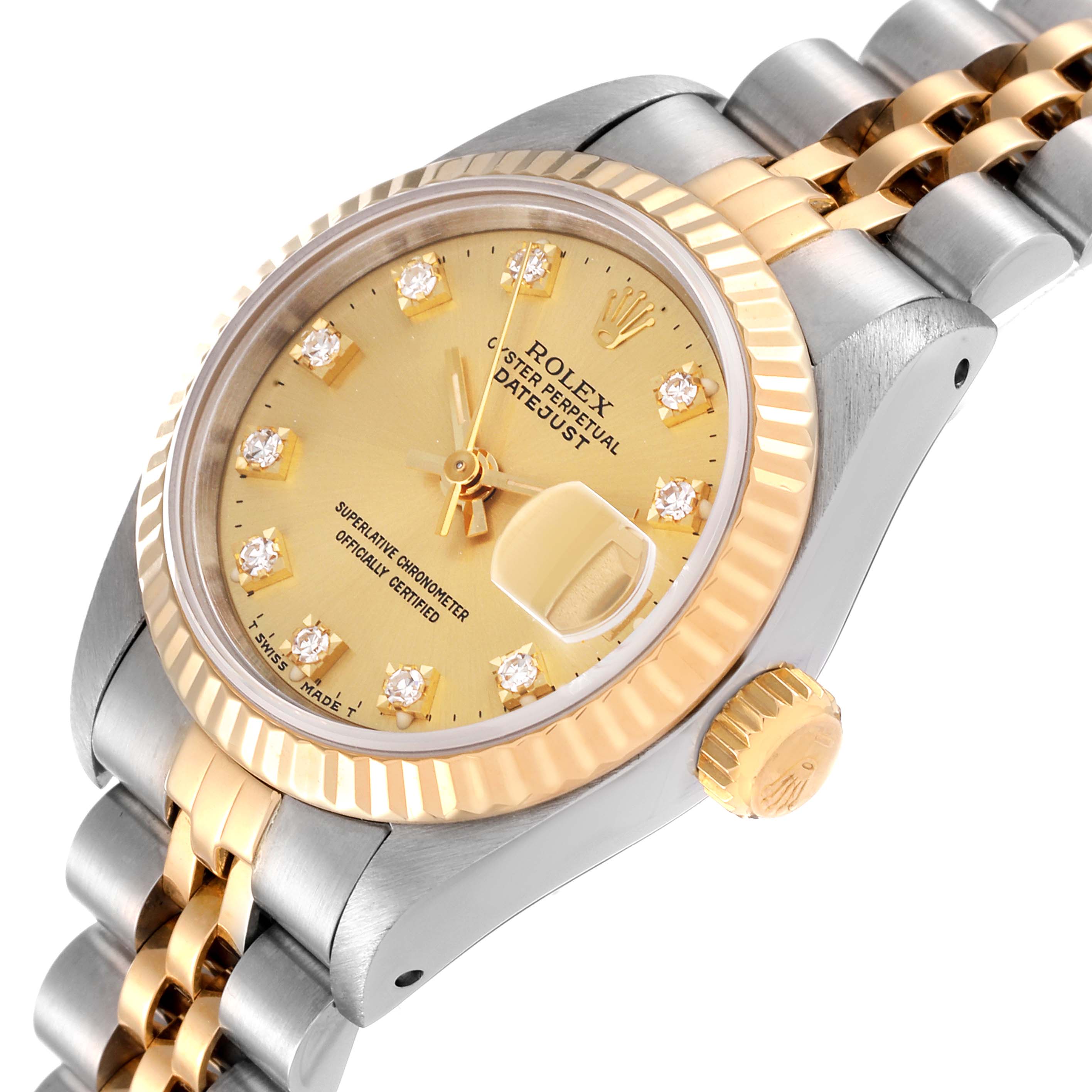 This image shows a Rolex Datejust 69173 Women's Steel and Gold (two tone) Champagne Dial 69173 Women's Steel and Gold (two tone) Champagne Dial watch at a slight angle, highlighting the dial, bezel, crown, and part of the bracelet.