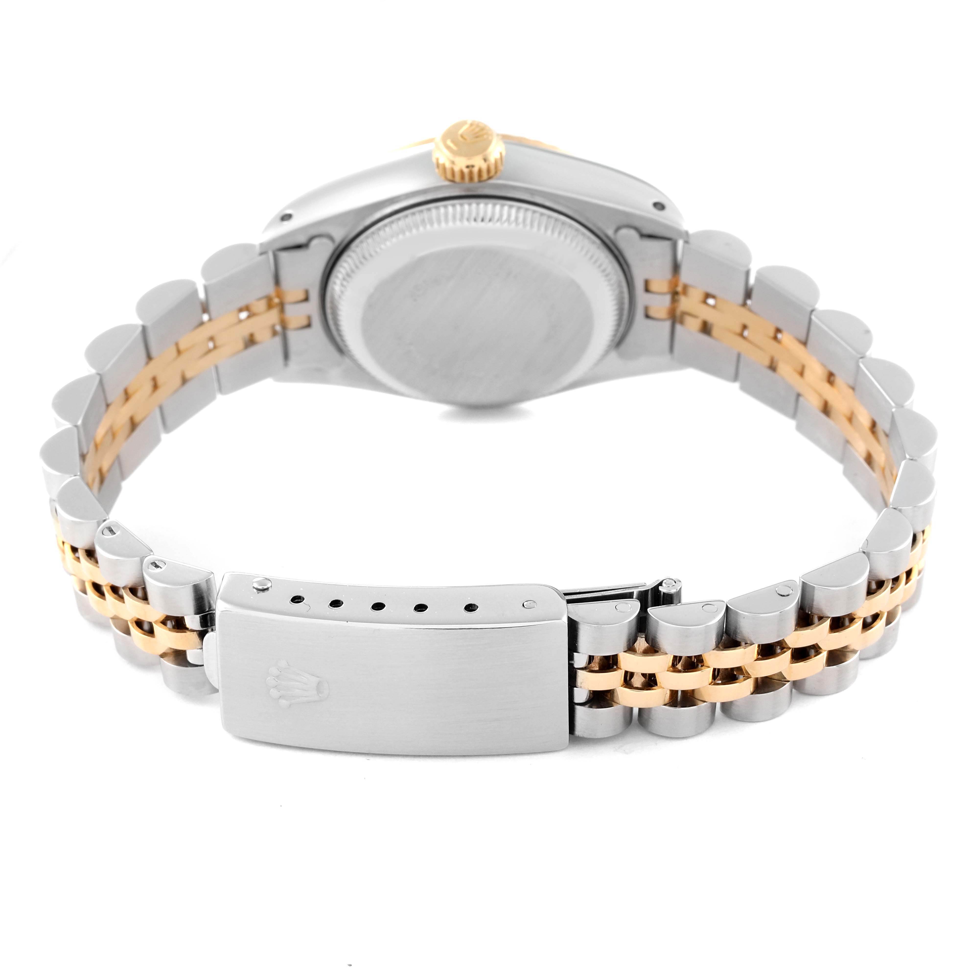 This image shows the back case and bracelet clasp of a Rolex Datejust 69173 Women's Steel and Gold (two tone) White Dial 69173 Women's Steel and Gold (two tone) White Dial watch, viewed from the rear.