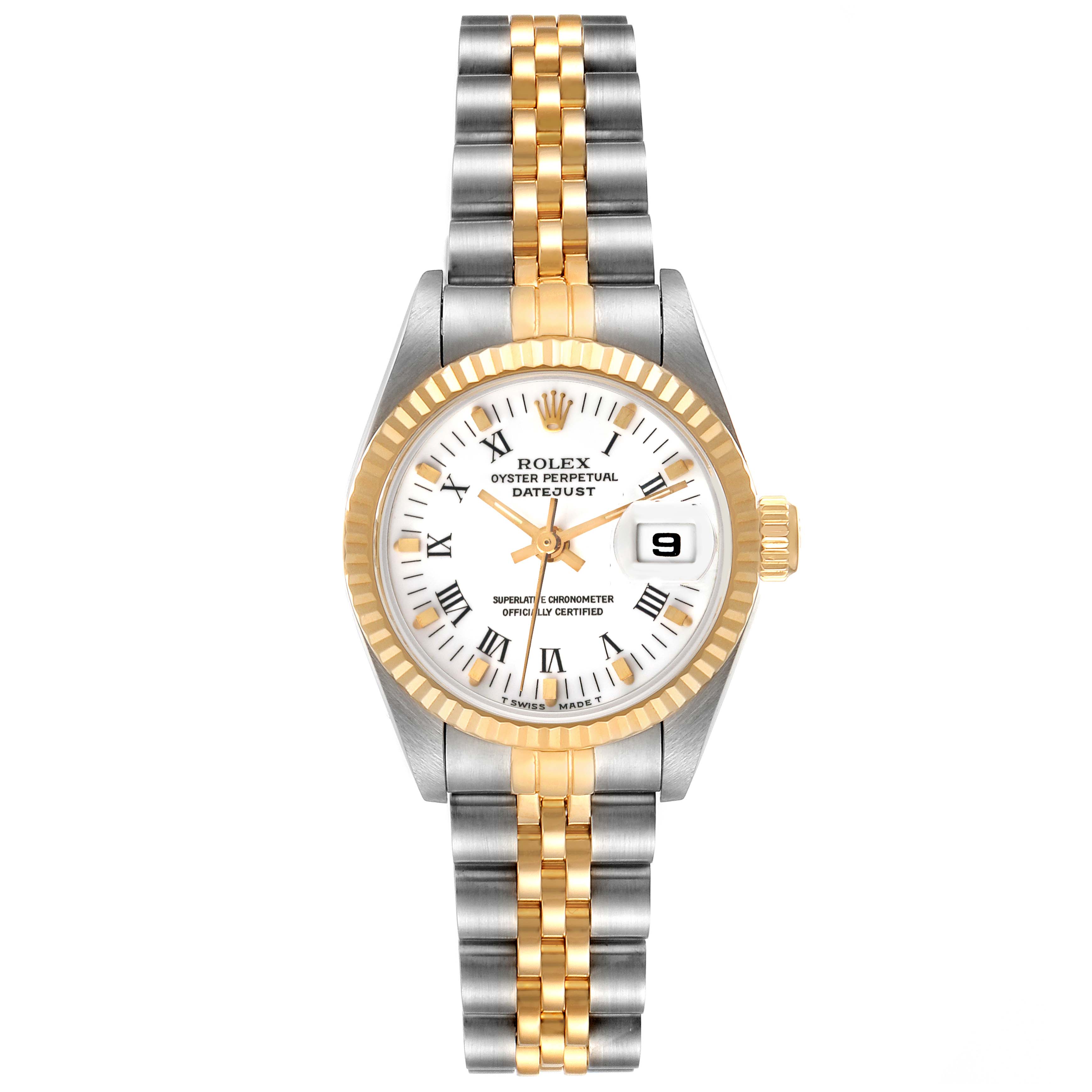 This is a front view of a Rolex Datejust 69173 Women's Steel and Gold (two tone) White Dial 69173 Women's Steel and Gold (two tone) White Dial watch, showing the dial, bezel, and two-tone bracelet.