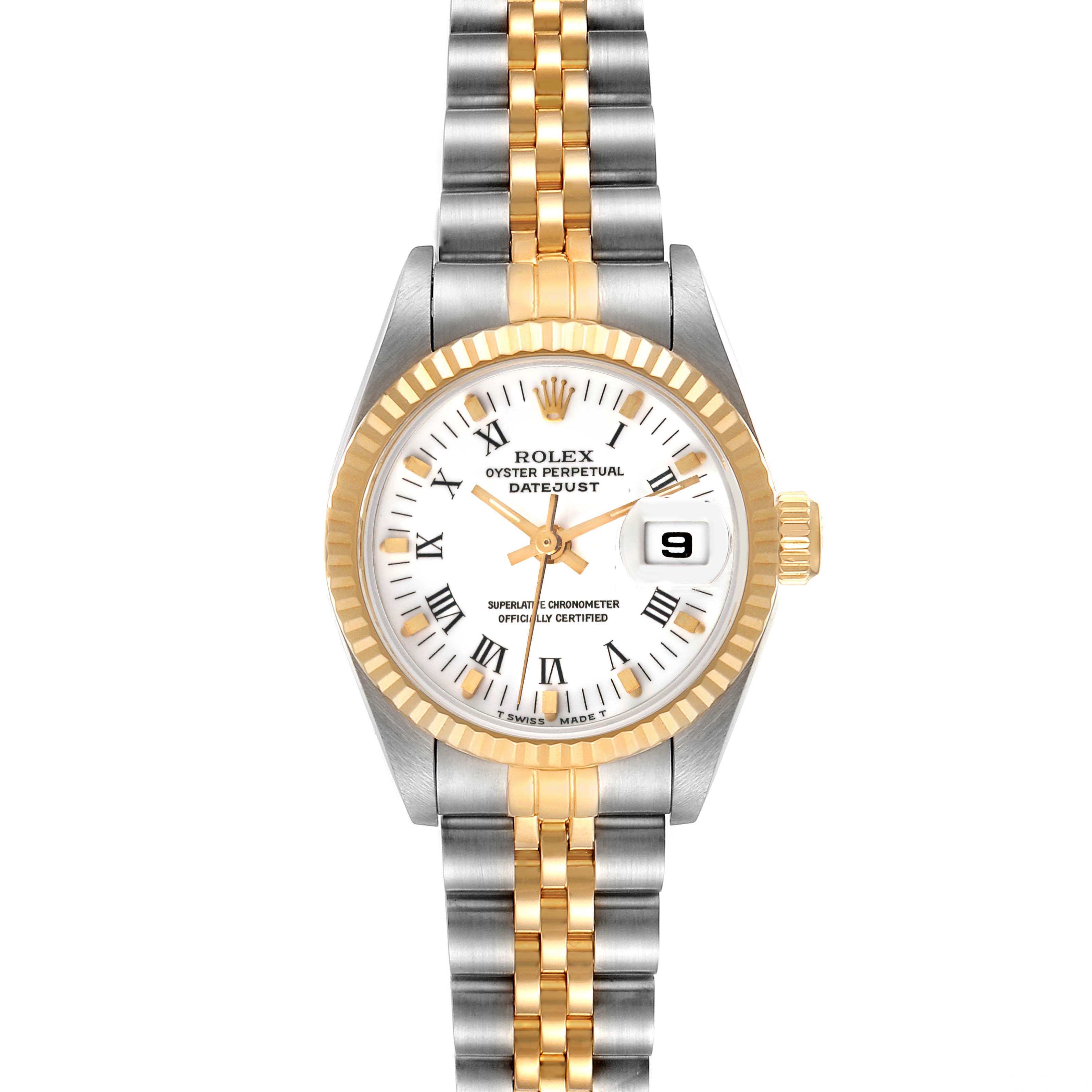 This image shows a front view of a Rolex Datejust 69173 Women's Steel and Gold (two tone) White Dial 69173 Women's Steel and Gold (two tone) White Dial watch, highlighting its gold and silver bracelet, white dial, and date window.