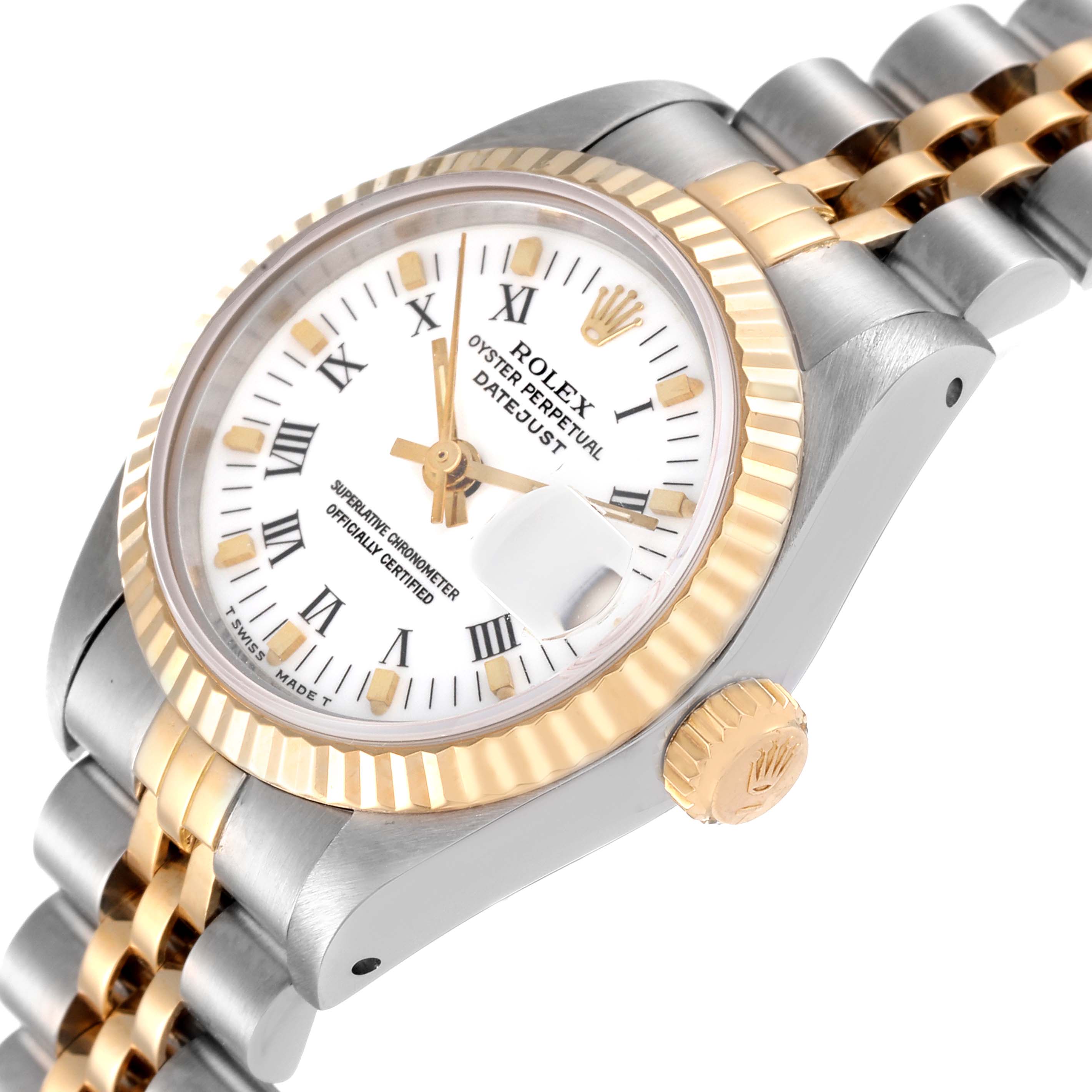 The Rolex Datejust 69173 Women's Steel and Gold (two tone) White Dial 69173 Women's Steel and Gold (two tone) White Dial watch is shown at an angled side view, displaying its face, fluted bezel, crown, and part of the bracelet.