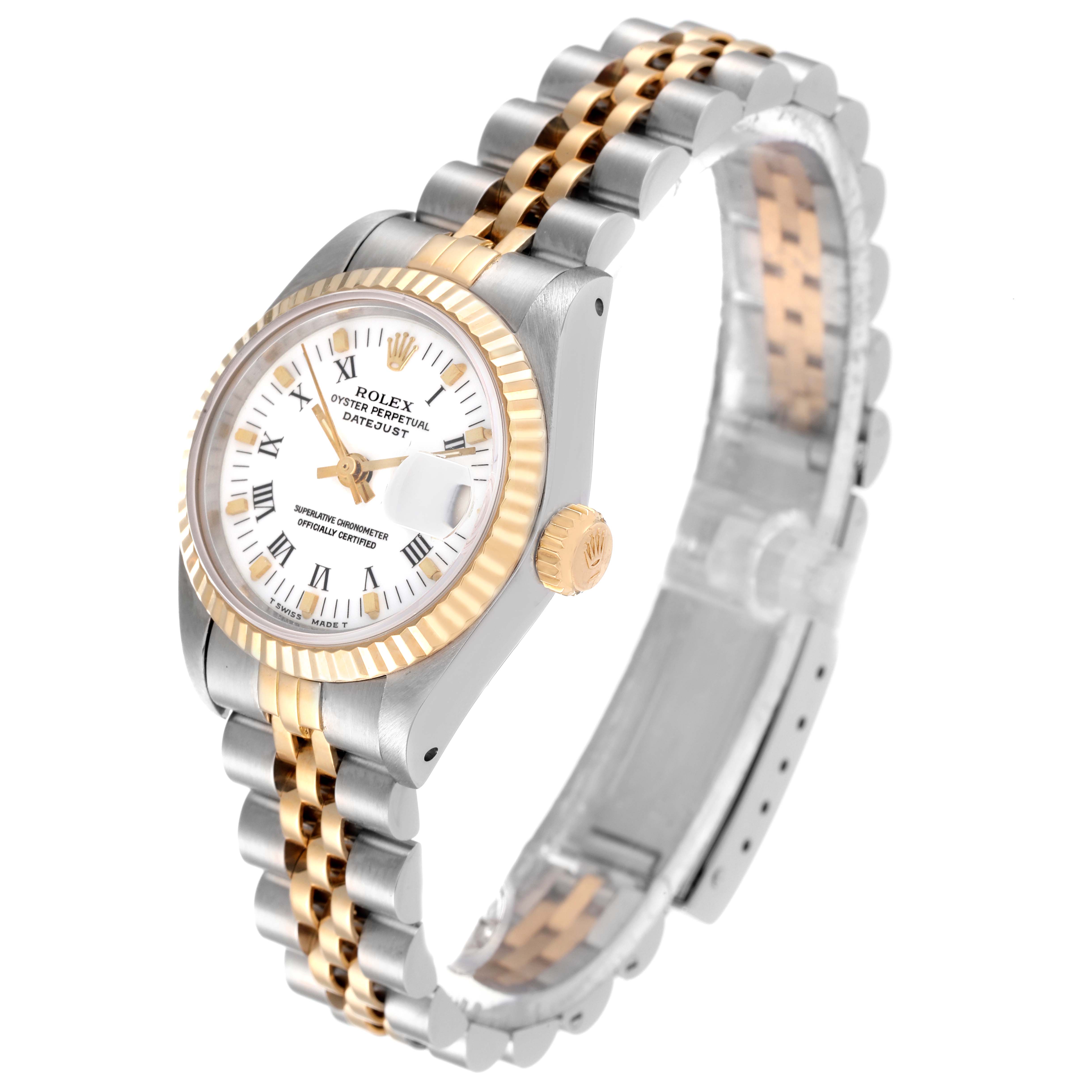 The Rolex Datejust 69173 Women's Steel and Gold (two tone) White Dial 69173 Women's Steel and Gold (two tone) White Dial watch is shown at a slight angle, highlighting the face, bezel, crown, and two-tone bracelet.