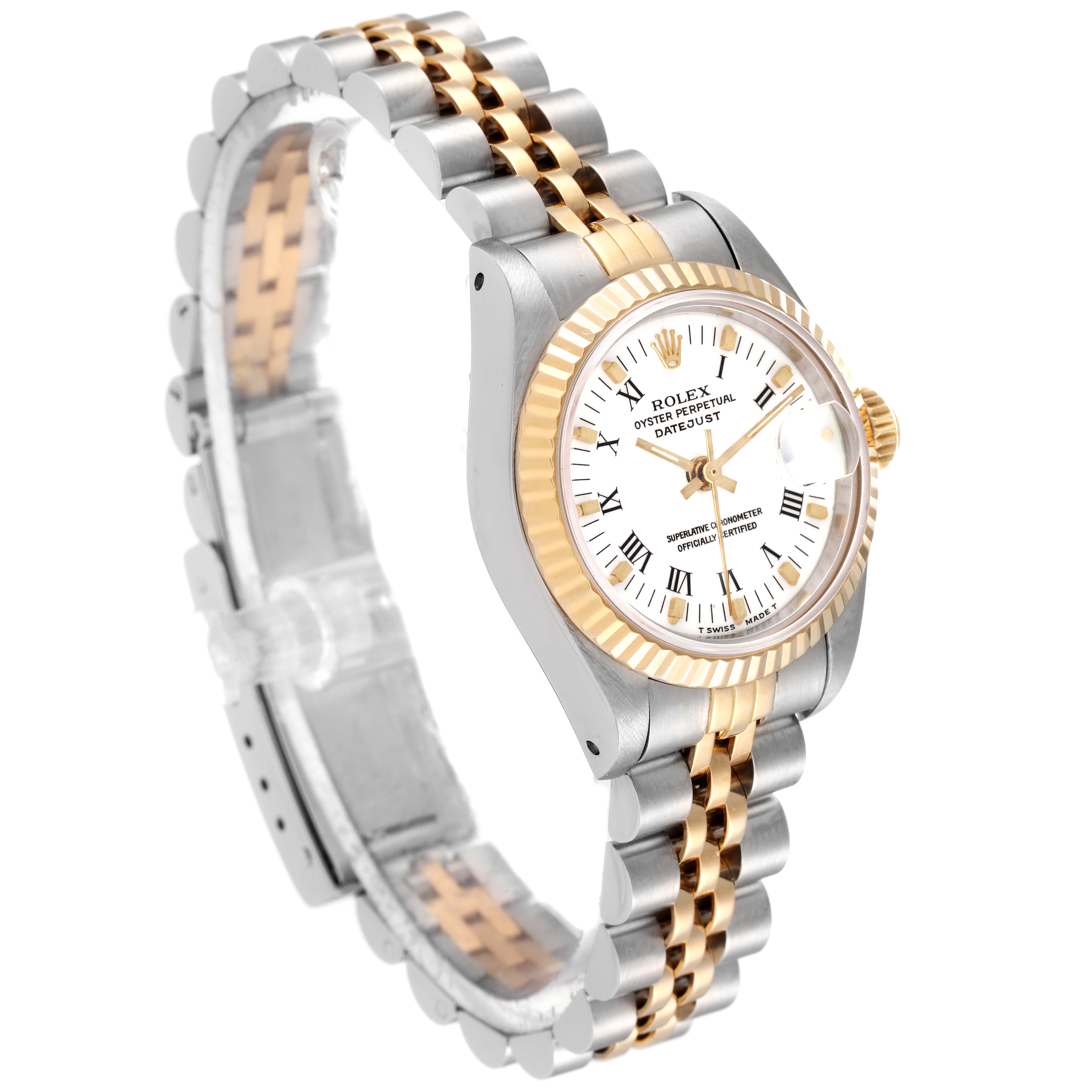 The image shows a side angle of the Rolex Datejust 69173 Women's Steel and Gold (two tone) White Dial 69173 Women's Steel and Gold (two tone) White Dial watch, highlighting the face, bezel, and two-tone bracelet.