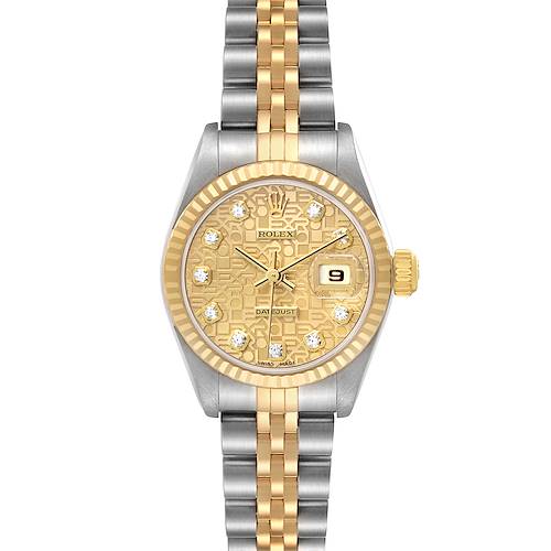 The Rolex Datejust 79173 Women's Steel and Gold (two tone) Champagne Dial watch is shown from a front view, highlighting the dial, bezel, bracelet, and crown.
