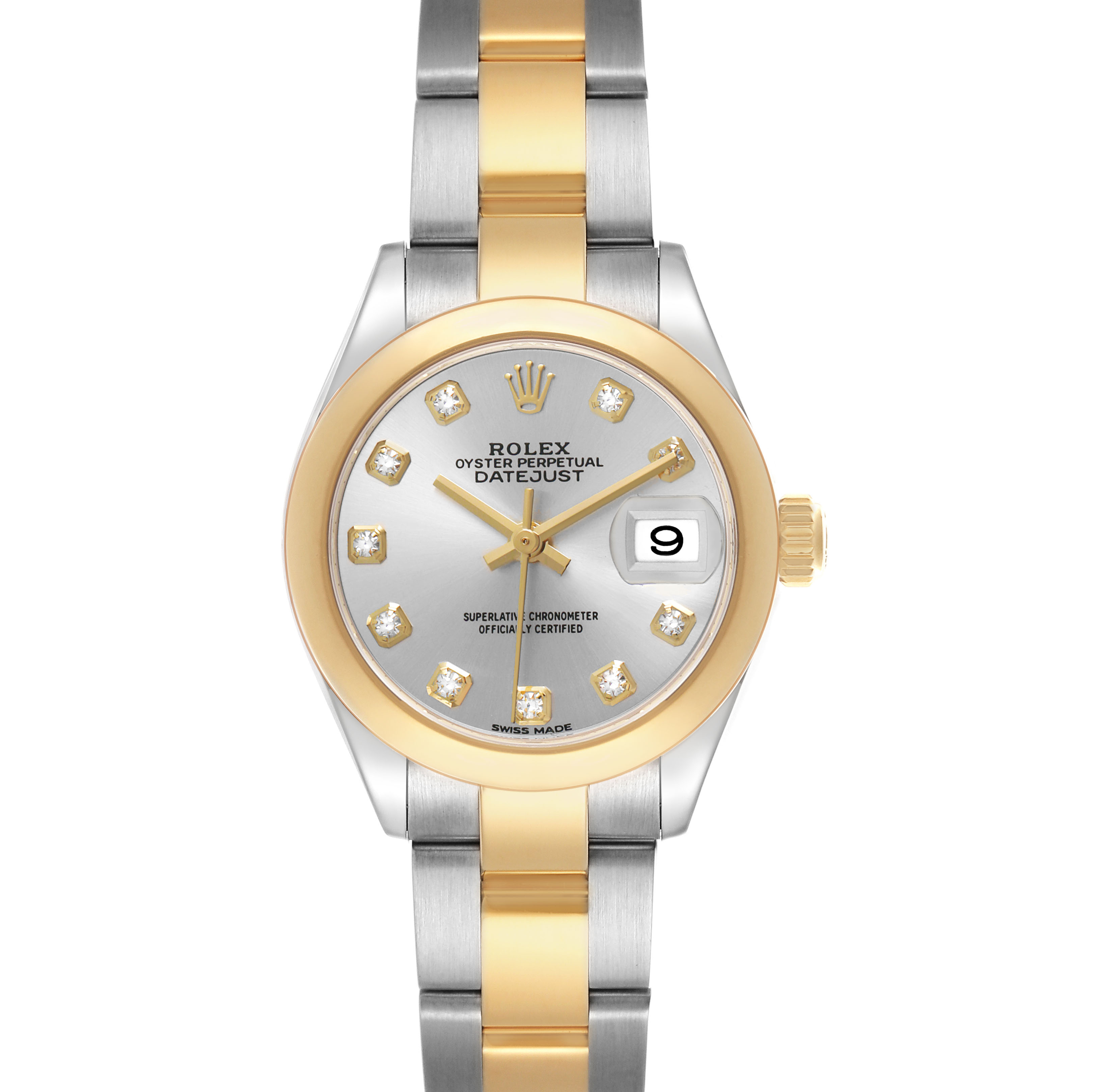 The Rolex Datejust 279163 Women's Steel and Gold (two tone) Silver Dial watch is shown from the front, featuring a two-tone bracelet, gold bezel, and diamond hour markers.