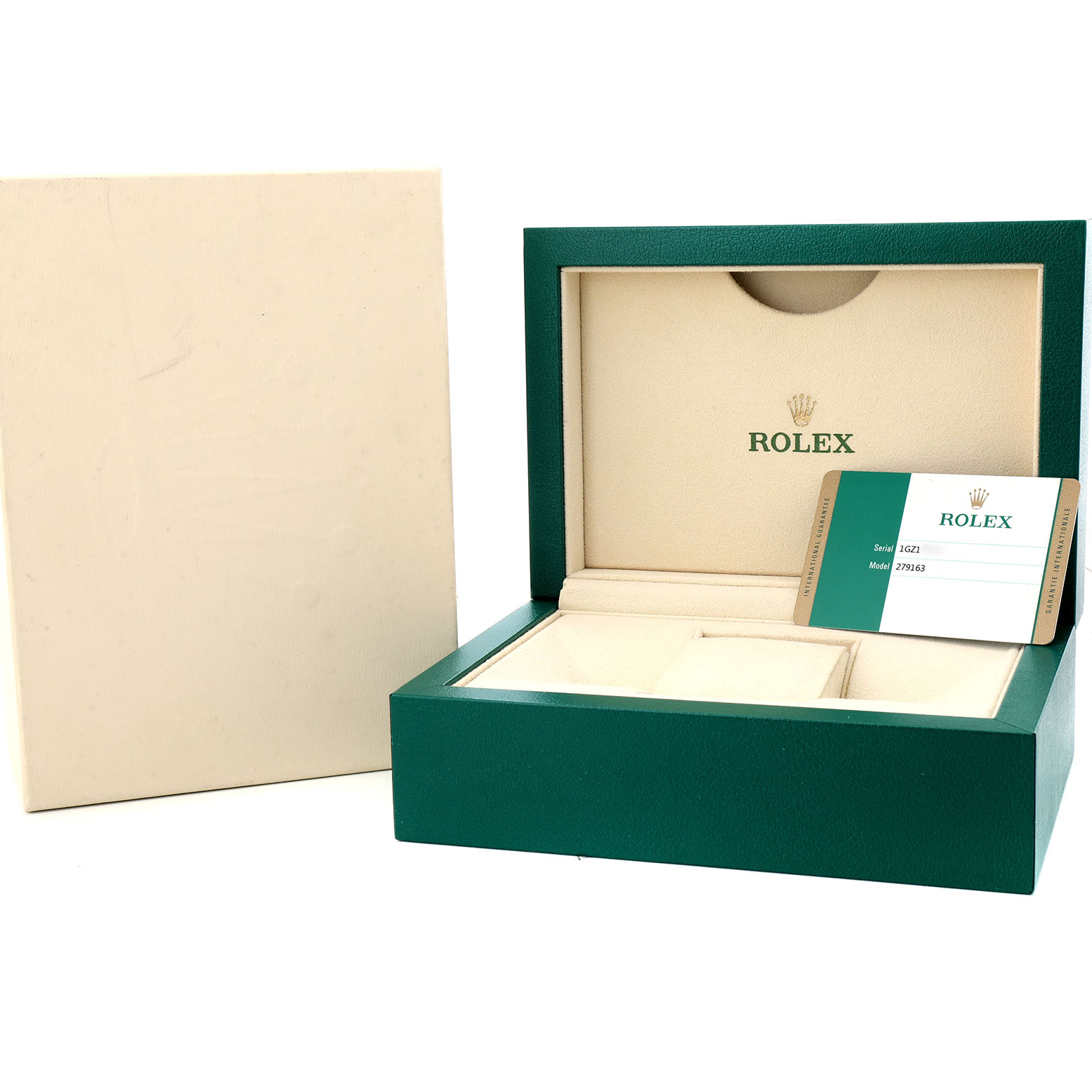 The image shows a Rolex Datejust 279163 Women's Steel and Gold (two tone) Silver Dial watch box, open, with a certificate card displayed in front of it.