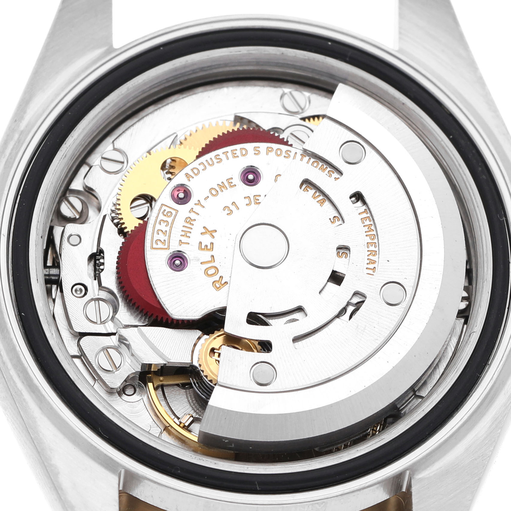 The image shows the movement of a Rolex Datejust 279163 Women's Steel and Gold (two tone) Silver Dial from the back, highlighting gears and the rotor.
