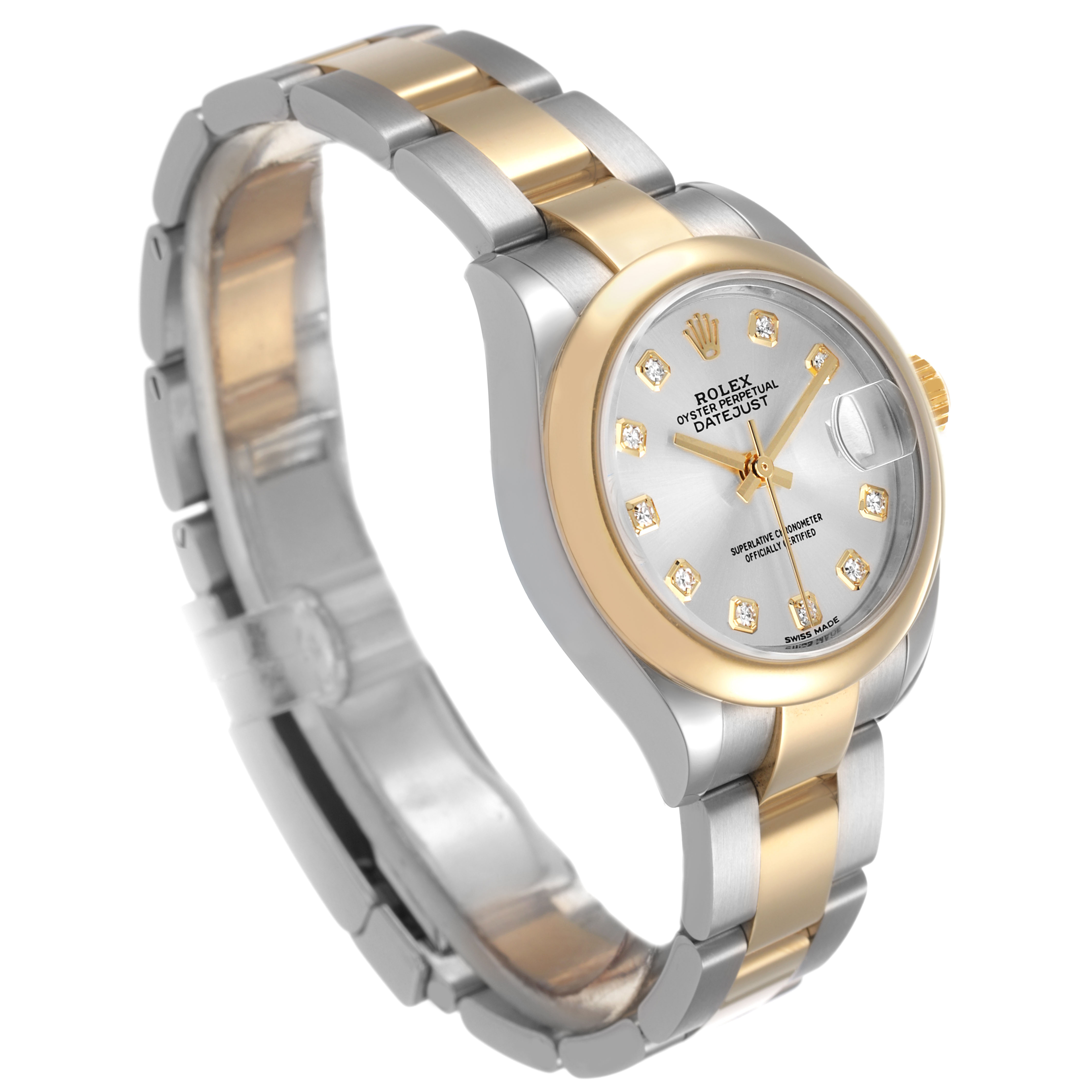 The Rolex Datejust 279163 Women's Steel and Gold (two tone) Silver Dial watch is shown from a three-quarter angle, highlighting the dial, bezel, and bracelet.