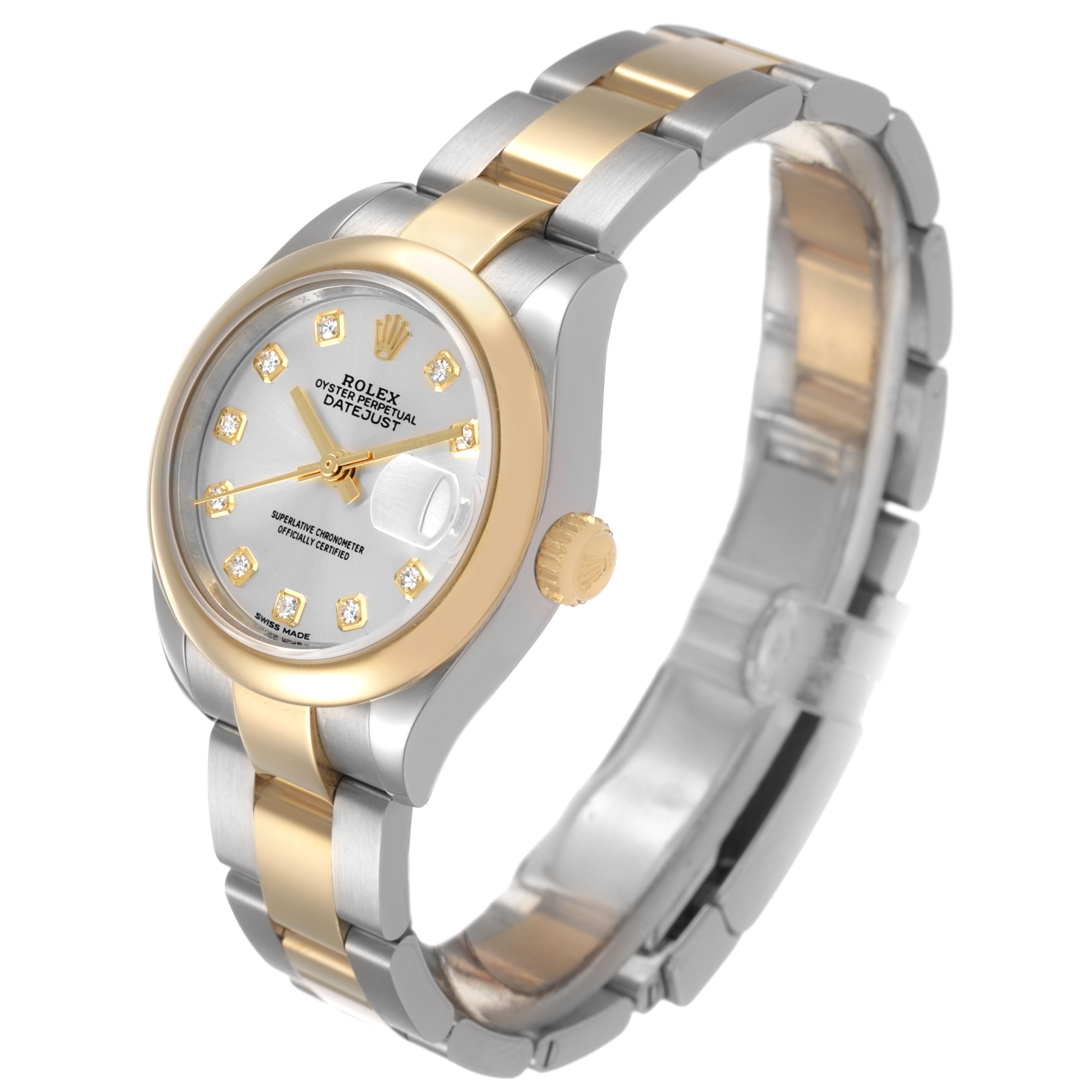 The Rolex Datejust 279163 Women's Steel and Gold (two tone) Silver Dial watch is shown at a 3/4 angle, highlighting the face, bracelet, and crown.