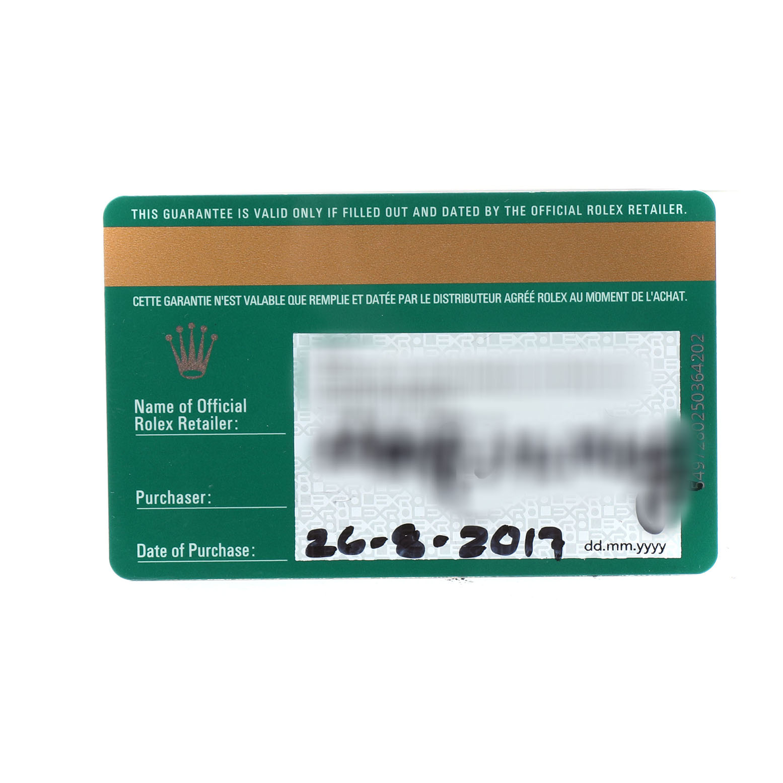 The image shows a warranty card for a Rolex Datejust 279163 Women's Steel and Gold (two tone) Silver Dial watch, viewed from above.
